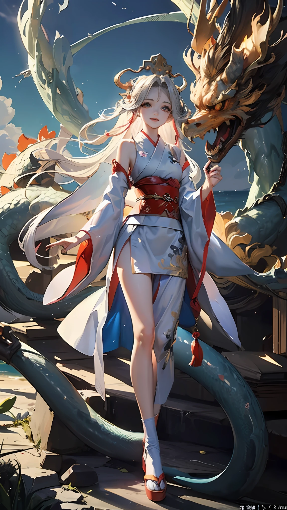 Official Art, Unified 8K Wallpapers, Ultra Detailed, Beautiful and Aesthetic, Masterpiece, Best Quality, (fractal art: 1.4), 1girl, ((white long hair)), Chinese, bare shoulders, short skirt, calf, navel, very detailed, dynamic angle, (most beautiful form chaos), flowing, (bright colors), (thangka flying sky: 1.5), (ribbon: 1.3), (dream: 1.5), (hanfu: 1.5), Chinese dragon, (smile: 0.5), (Chinese deity) dragon eyes.