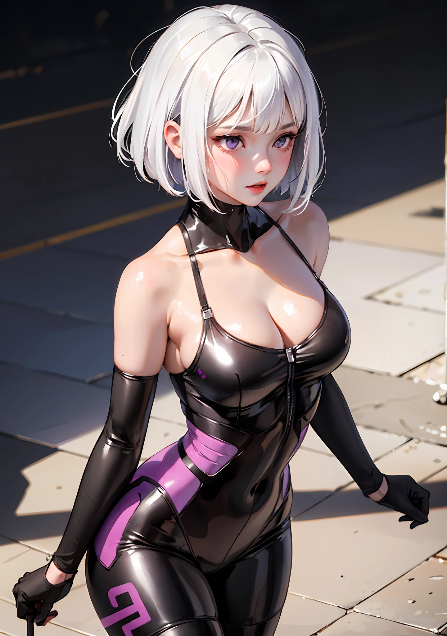 1girl, white hair, purple eyes, bob cut, wavy hair, average breasts, blush, glow, thighs, bare shoulders, collarbone, narrow waist, cleavage, (masterpiece), Gantz bodysuit,