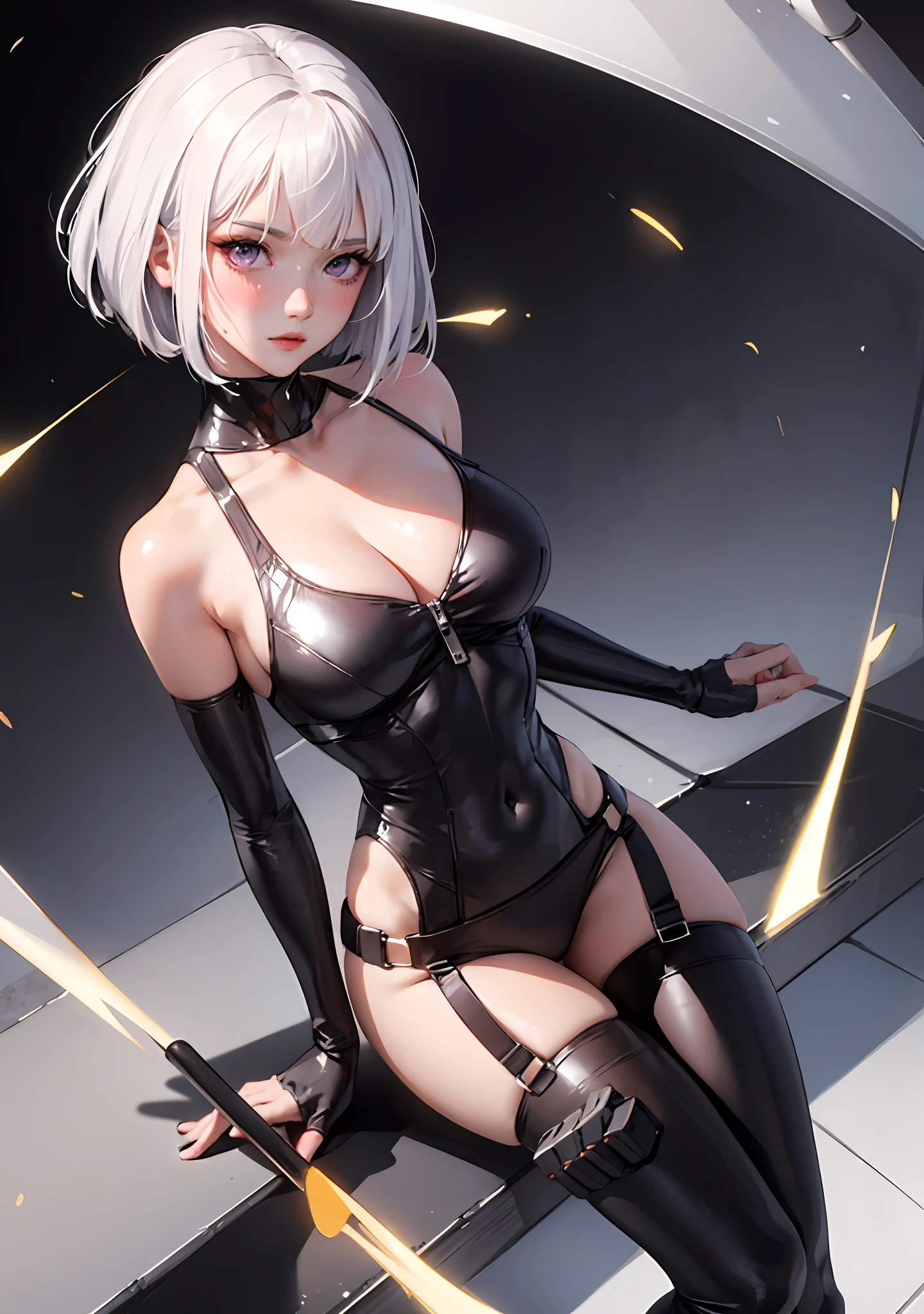 1girl, white hair, purple eyes, bob cut, wavy hair, average breasts, blush, glow, thighs, bare shoulders, collarbone, narrow waist, cleavage, (masterpiece), Gantz bodysuit,