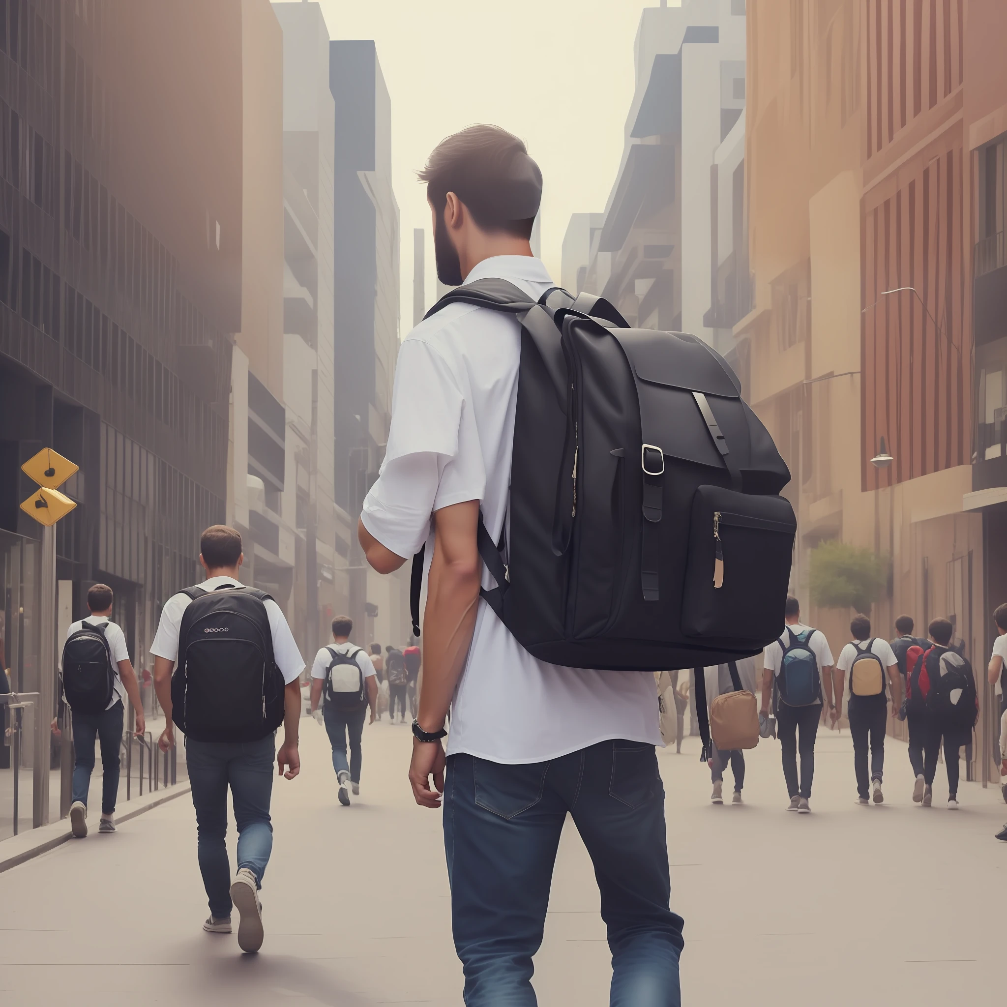 Young man carrying a backpack、twinks、Will、buliding、Rear、Tall、goodlooking、Refreshing、cleanliness、Business District