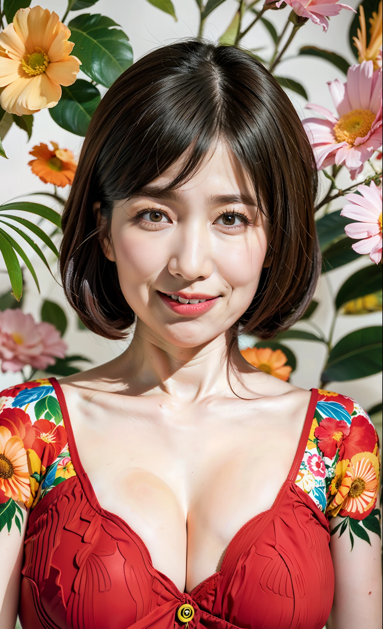 (flat-colors:0.9),(colourfull:1.1),(masterpiece:1,2), top-quality, masterpiece, hight resolution, Original, (flat-colors:0.9),(colourfull:1.1),(masterpiece:1,2), top-quality, masterpiece, hight resolution, Original, highly detailed wallpaper, Viewer's Perspective,Solo,portlate, ((A MILF))、58 years old、Mature Woman Body Set、Exposing breasts、showing teeth、Detailed tongue、Detailed mouth、Staring at this、Wrinkles at the corners of the eyes、Floral background、protruding nipple、