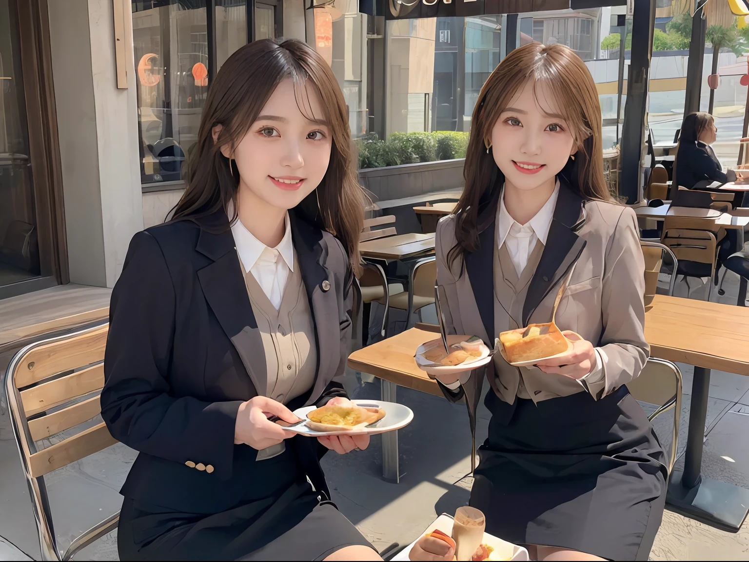 best quality, masterpiece, ultra high res, (photorealistic:1.4), RAW photo,cinematic lighting, 1 japanese girl,solo,20 years old,big breasts,(detailed beautiful face:1.5),(real skin:1.5),slender,thin legs,(big eyes:1.5),(smiling:1.3),(bob:1.5),(eating lunch:1.5),BREAK,(Business Suit,pencil skirt:1.5),(cafe:1.5),