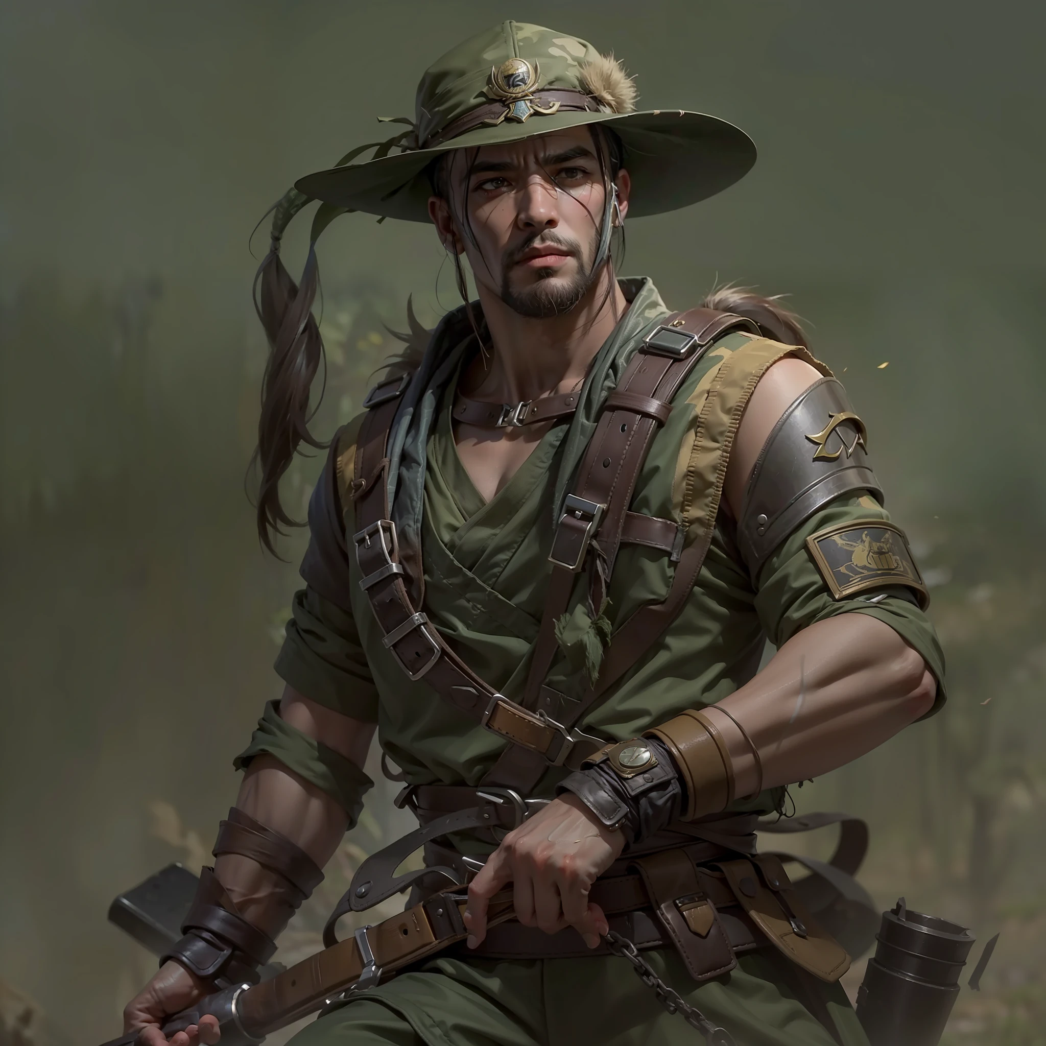 Homem careca 32 anos em equipamento militar segurando uma arma em um campo, retrato de um ranger masculino, kano, personagem masculino mortal kombat, retrato de kano, postapocalyptic explorer, personagem principal masculino, homem careca 32 anos, Amazing 8K character concept art, arte de personagem impressionante, kano, retrato de corpo inteiro de um ranger, kano personagem de mortal kombat