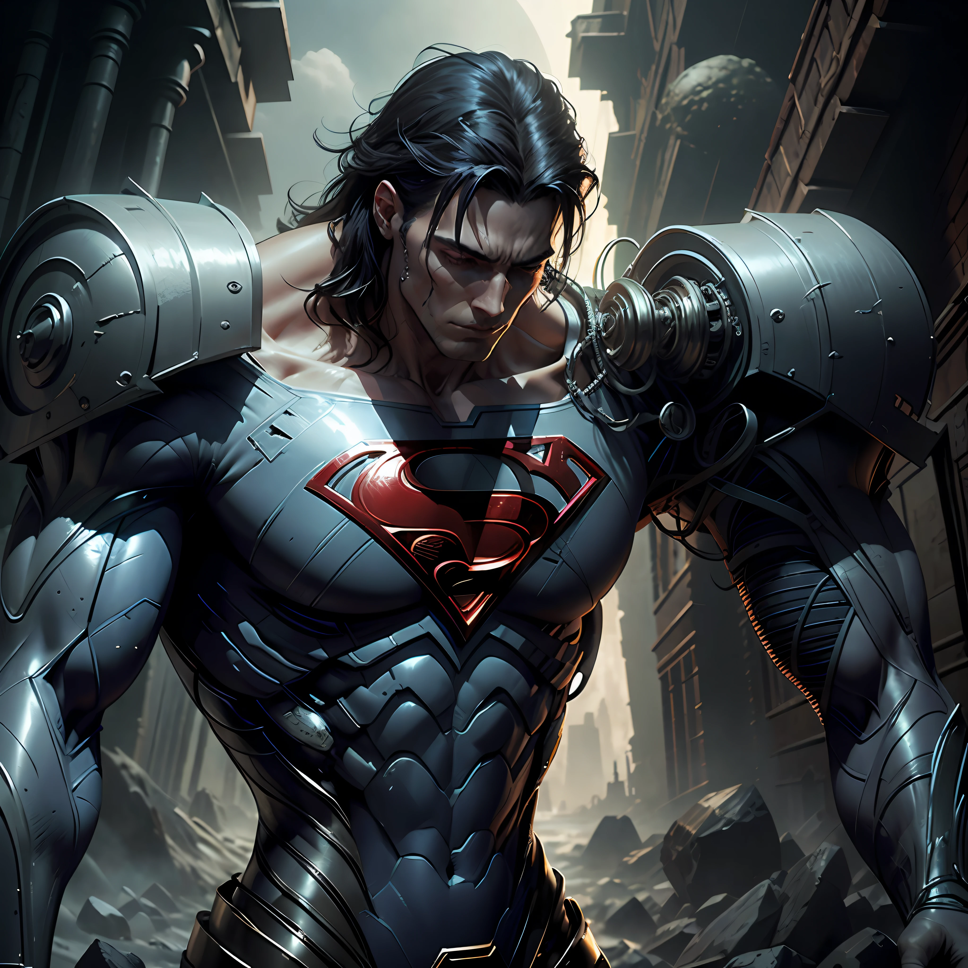 {{{SUPERMAN}}} stands imposing in a gothic lost city. Moonlight highlights your muscles and scars. The scenery is lush and mysterious, with futuristic tech and surroundings. The camera details everything, a warrior woman, in front of him. --auto