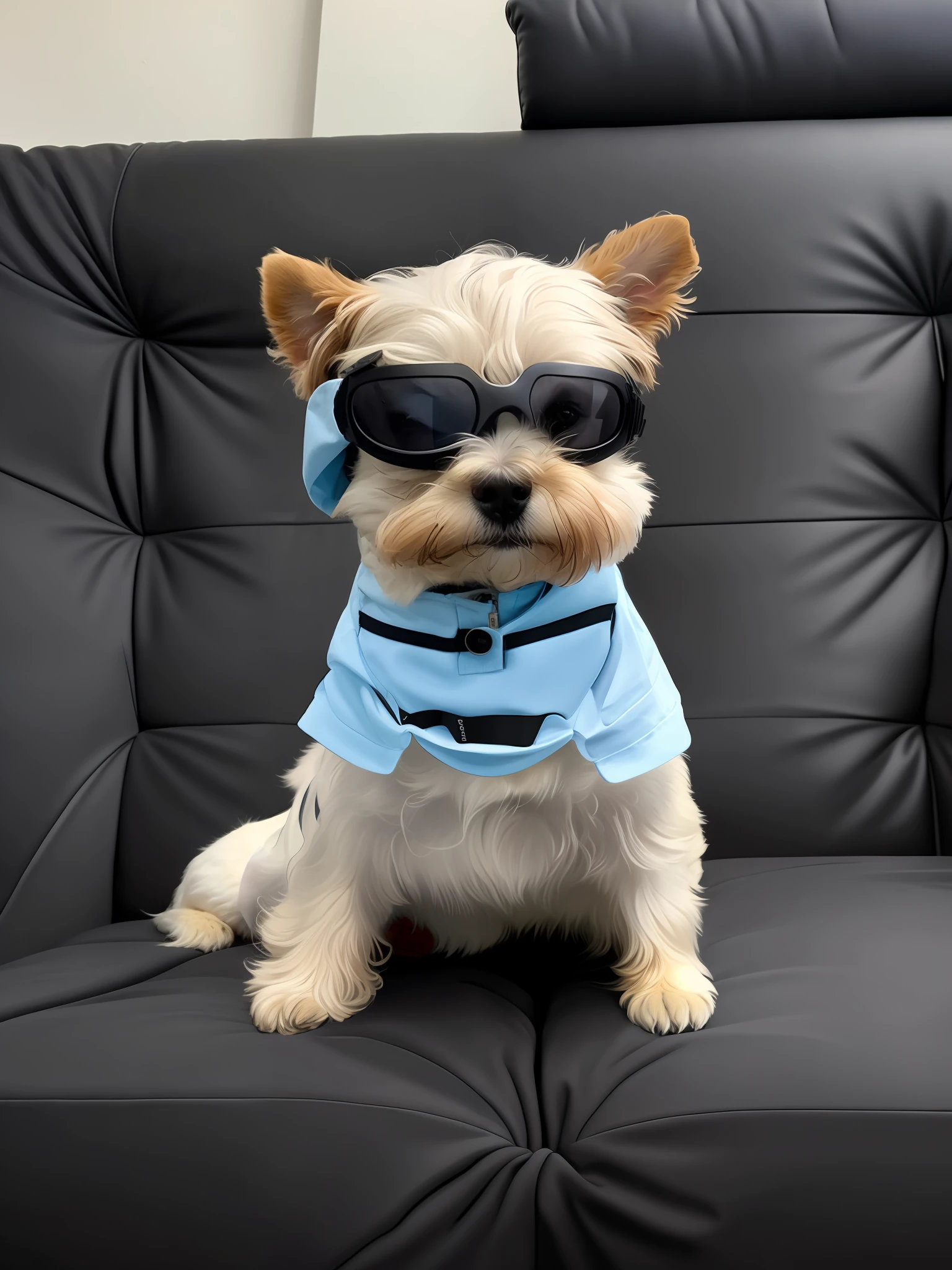 There is a small dog wearing a white and blue polo shirt and sunglasses on a sofa, goggles around his neck, wearing goggles, olhando heckin legal e elegante, with sunglasses, goggles on forehead, wearing shiny black goggles, goggles, dog in a space suite, ele usa um tapa-olho, in suit with black glasses, tirado no iphone  pro, vestindo uma jaqueta voadora