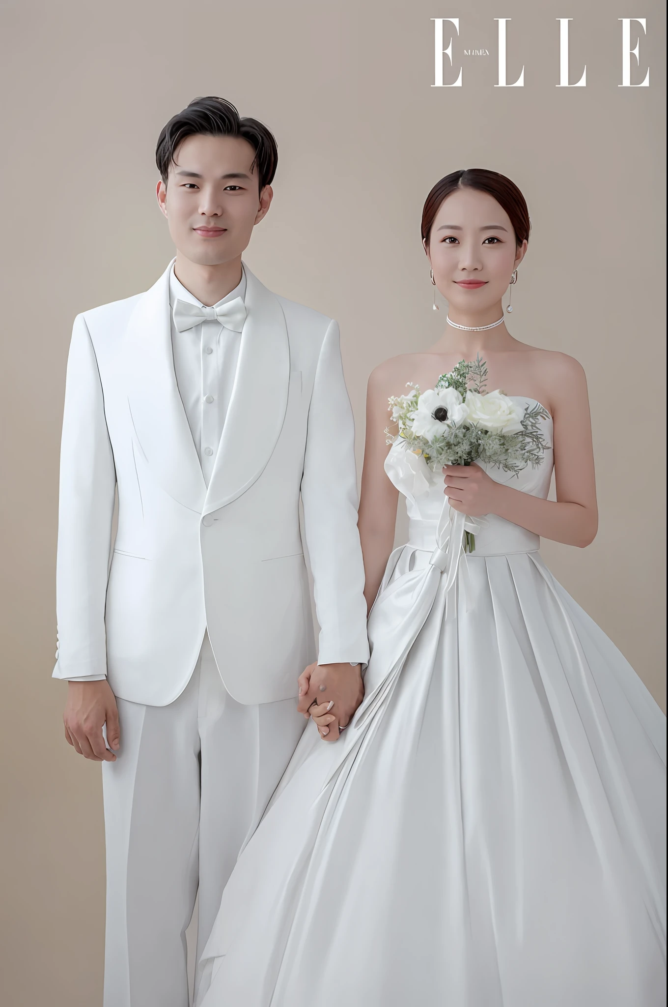 The bride and groom hold hands in white tuxedos and white dresses, wedding photo, cute couple, wearing a white tuxedo, jiyun chae, with white, height of 165cm, ji-min, with a white, 155 cm tall, White color, Kim Hyun-joo, official photo, yanjun cheng, White suit, Happy couple, Bride and groom