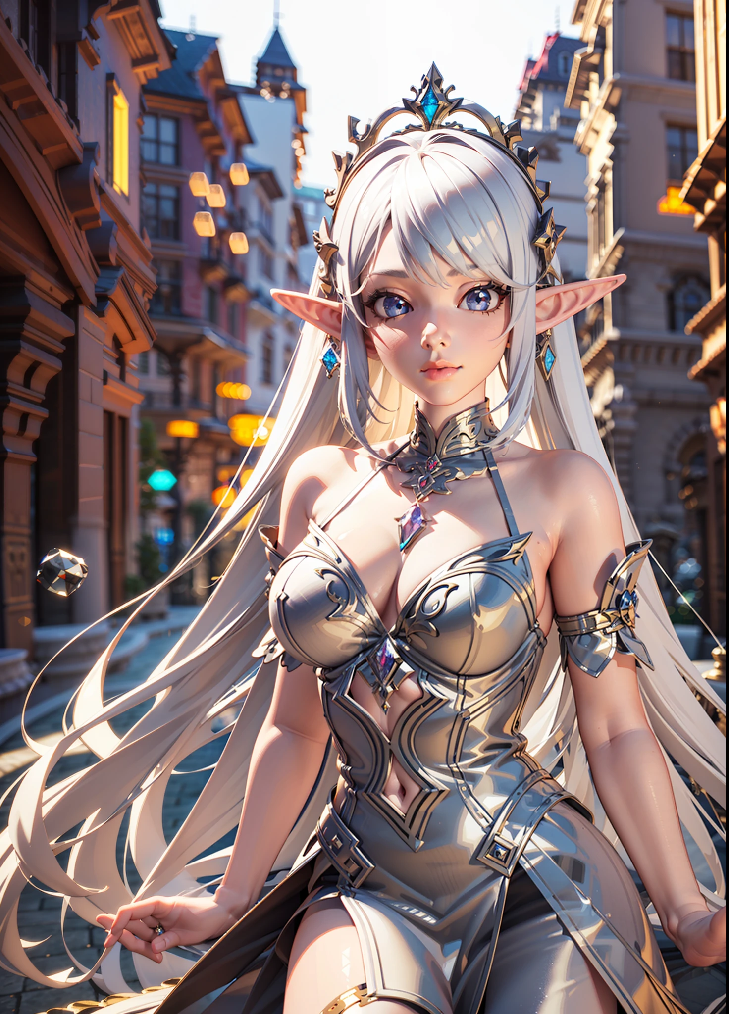 woman, elf, elf queen, white colored hair, silver eyes, Crystal Crown, diamonds, (((Silver Fantasy Dress))), semi transparent dress, transparent dress, Sparkling, bokeh, (3d:1.5), UHD, Unreal engine, SFX, volumetric lights