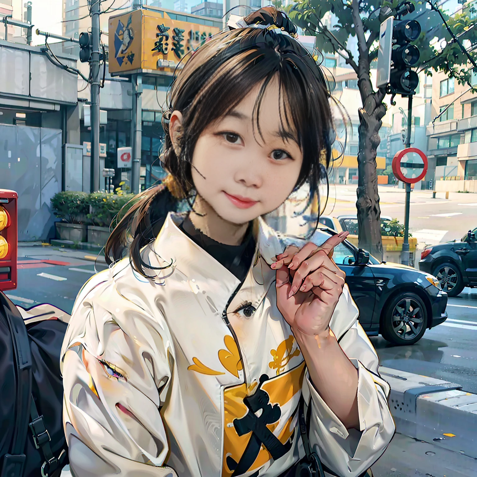 Fresh and pleasant,Yellow skin,Smile shyly,Chinese monochromatic pupil,Single ponytail hairstyle,The background is pastel tones,Catfish whiskers on both sides with bangs,The feeling of first love,Single Eyelids,Round face cute,pupils