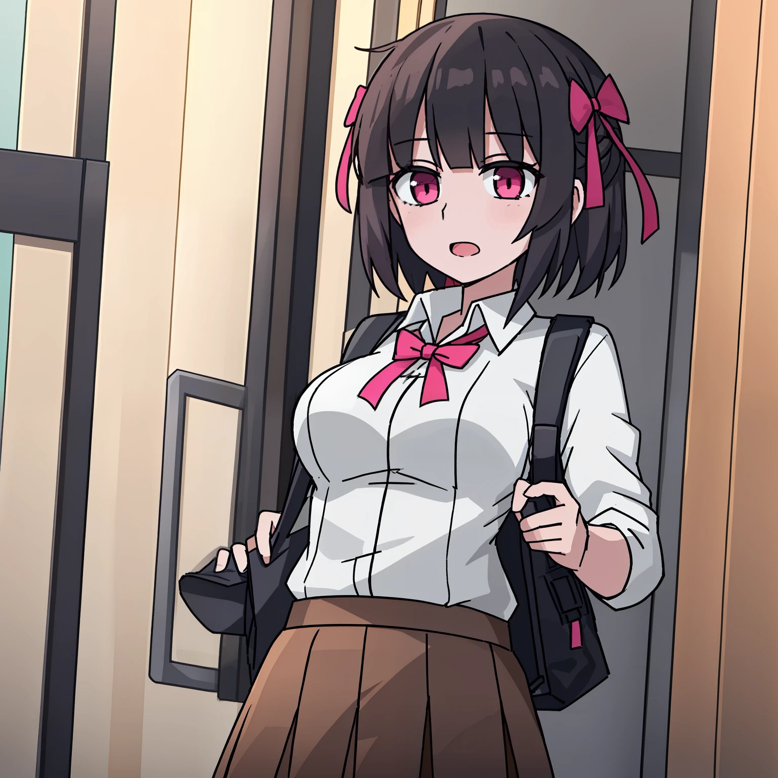 1girll, 独奏, hair adornments, The shirt, jaket, ribbons, a skirt, Formal shirts, pink ribbons, Open your clothes, pleatedskirt, white shirt, Neck strap, backpacks, collared shir, hooding, Open the jacket, bag, looking at viewert, black black jacket, longer sleeves, The shirt is tucked in, brown skirt, hair pin, The upper part of the body, Two-tone shirt, jaqueta com capuz, nedium breasts, Medium hair