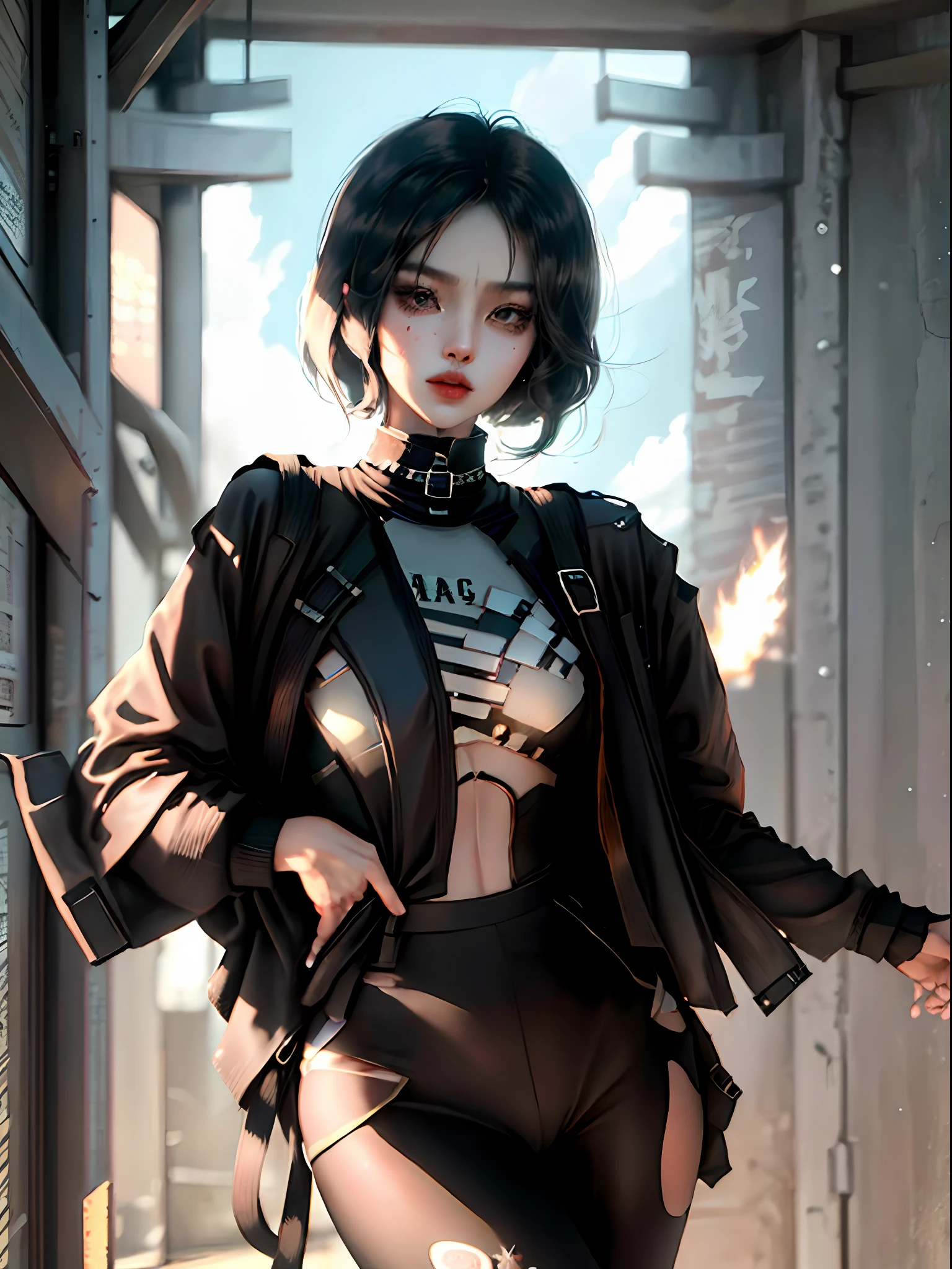 《attack on titans》mikasa ackerman，black hair black eyes，Beautiful face，High quality beauty，Nine-headed body proportions，Sexy stunner，The eyes are charming，The face is delicate，Wearing a short brown jacket，Wear leggings and black boots --auto