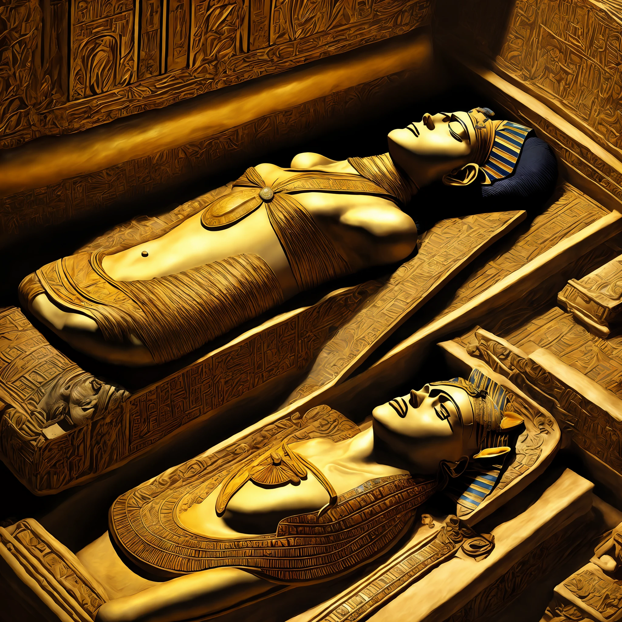 Cleopatra dead in an Egyptian coffin, hyperrealistic image --auto