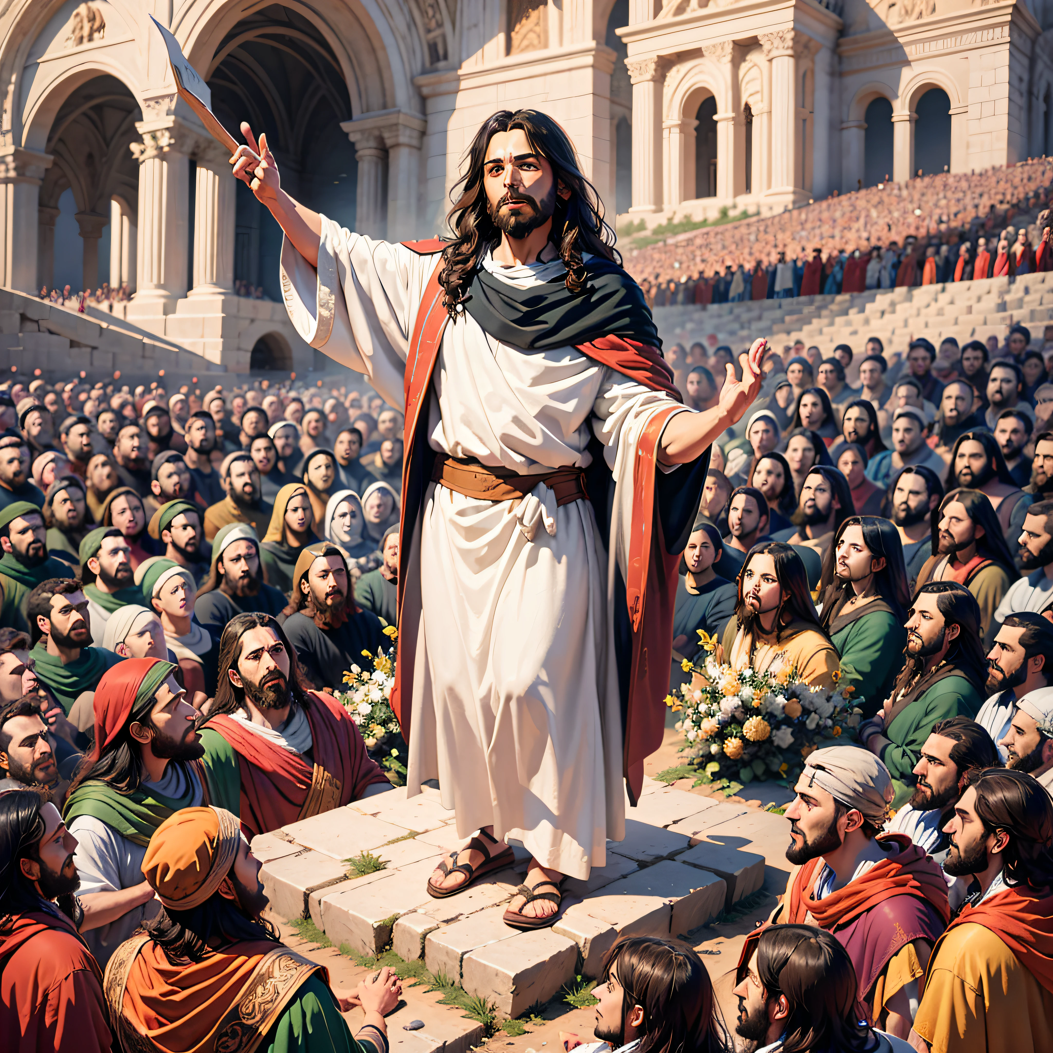 Illustration: A scene depicting Jesus delivering the Sermon on the Mount, surrounded by a crowd of people. --auto --s2