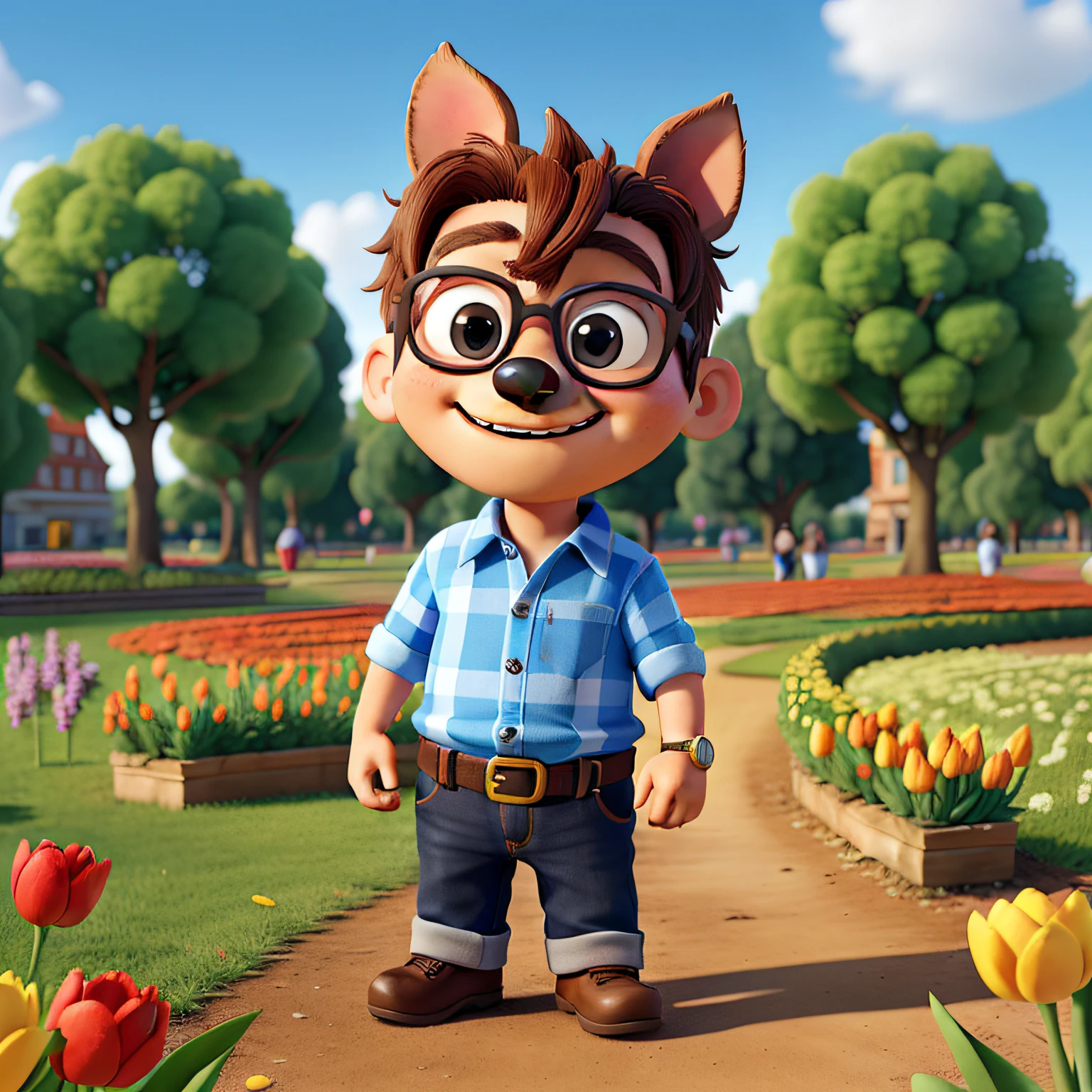 (Cute puppy:1.2), ssmile, personification, rendered:(charicature:1.3,Production Movie, the pose:(Lively:1.2, amusing), modeled:(ultra-quality:1.2,8K,Orthographic view),tulips, blue-sky, for the background(A park full of greenery:1.1),{Complex and ultra-detailed,Gediminas Planchiaye, Giuseppe Arcimboldo}
