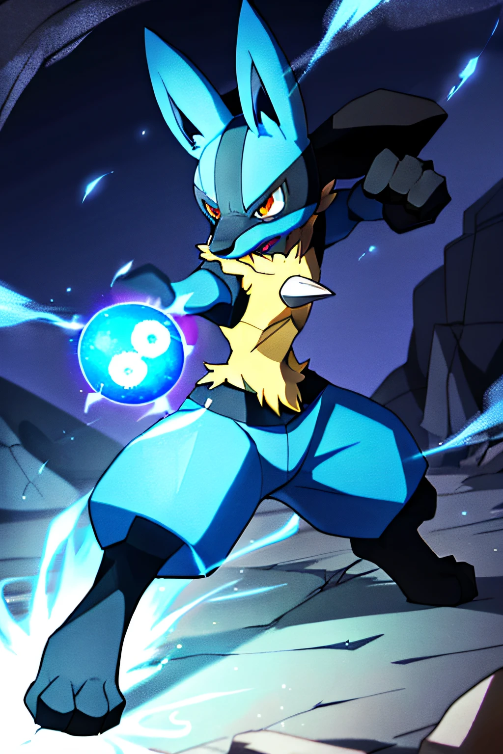 lucario, red eyes,  attack stance, casting a blue energy ball, detailed, professional lights, spikes, anime, centered, outside, cave,  blue fur, wolf, medium muzzle, ((sparks around body))