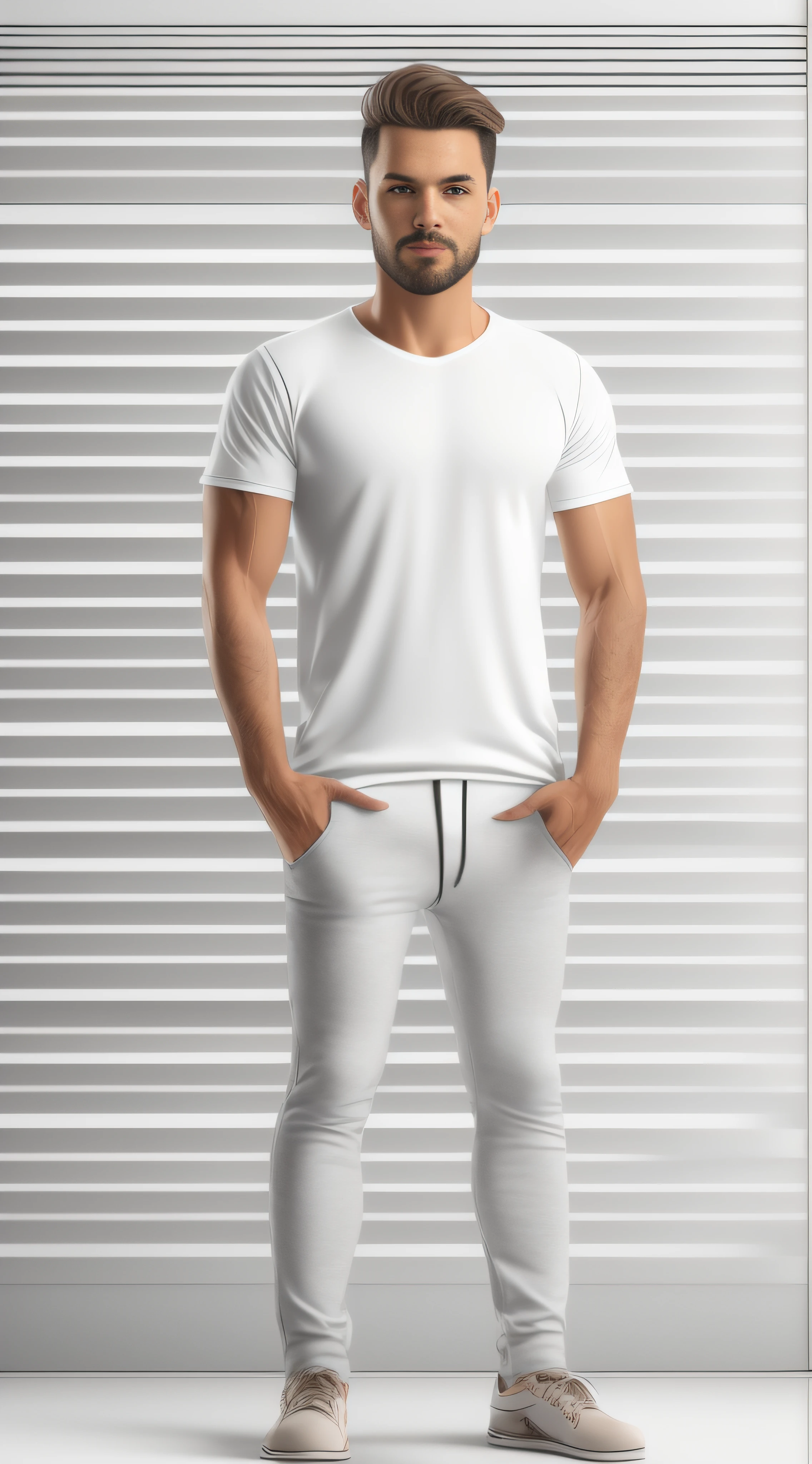 a realistic 3D mockup of a basic white t-shirt with no additional details. O mockup deve apresentar a camiseta de frente, in a straight position and without folds or wrinkles. The lighting of the mockup should be balanced, destacando a textura e o caimento natural do tecido. O fundo do mockup pode ser neutro, como um fundo branco ou transparente, para enfatizar a camiseta em si. Ensure the mockup conveys the realistic look and simplicity of the basic t-shirt.