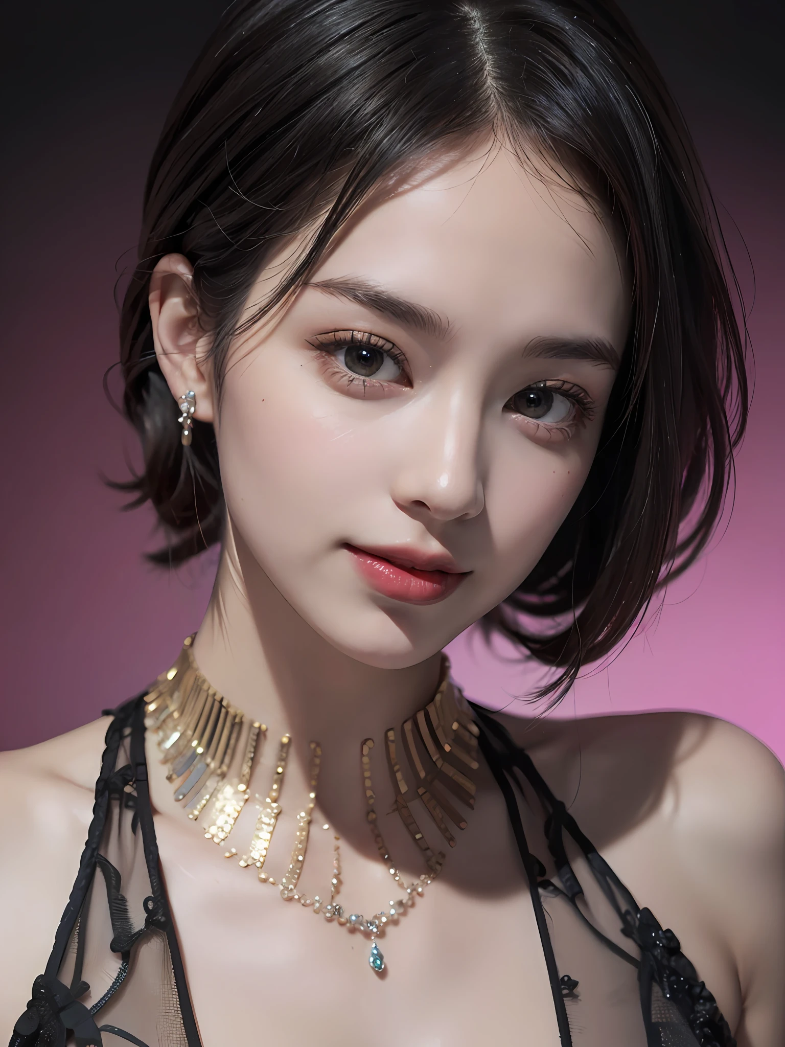 (best quality, 8k, 32k, masterpiece, ultra high res ,photorealistic:1.3), (Advertising photo for luxury cosmetics), fashion model, looking at viewer, forehead, thick eyebrows, lustrous lips, black short hair, simple background, subtle smile, (Professional lighting),