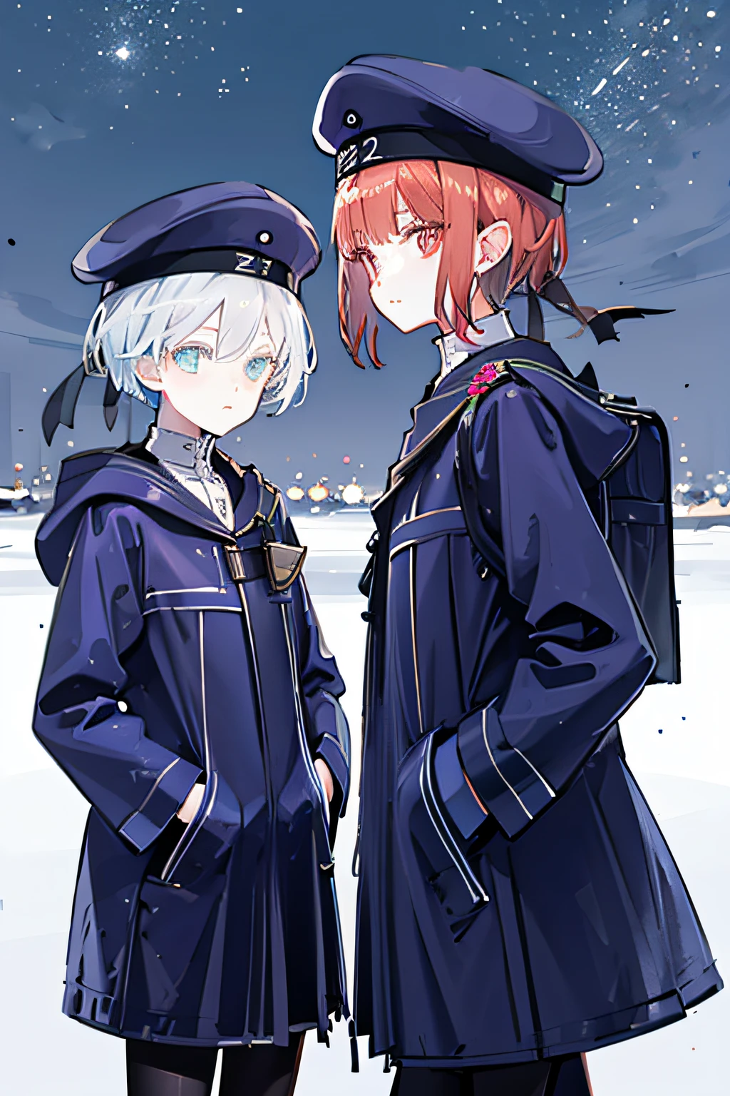 Multiple girls, 2girls、nightcity、Sateen、coat、hands in the pocket、Hats