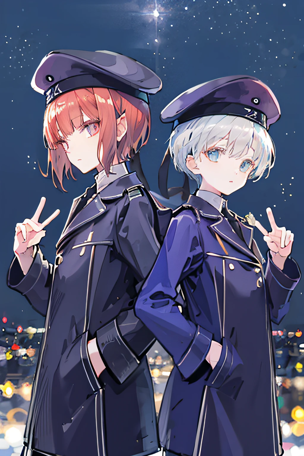 Multiple girls, 2girls、nightcity、Sateen、coat、hands in the pocket、Hats