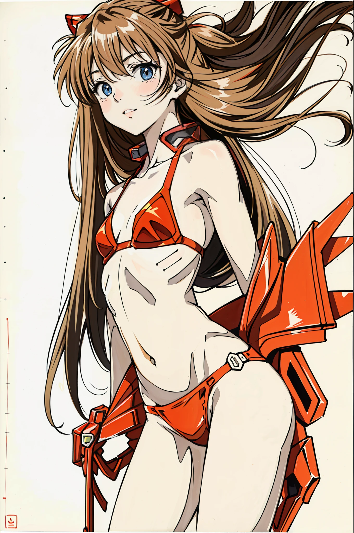 foto retrato de ((Asuka Langley en cuerpo entero)), (((beautiful asuka langley anorexic))), ((muy flaca en bikini)), ((huesos y costillas visibles)), ((small flat breasts)), ((very small waist)), piernas delgadas, ((rostro hermoso)), ((vista de perfil cuerpo entero)), (((concave abdomen))), ((Asuka Langley muy muy flaca)), ((fondo blanco)).