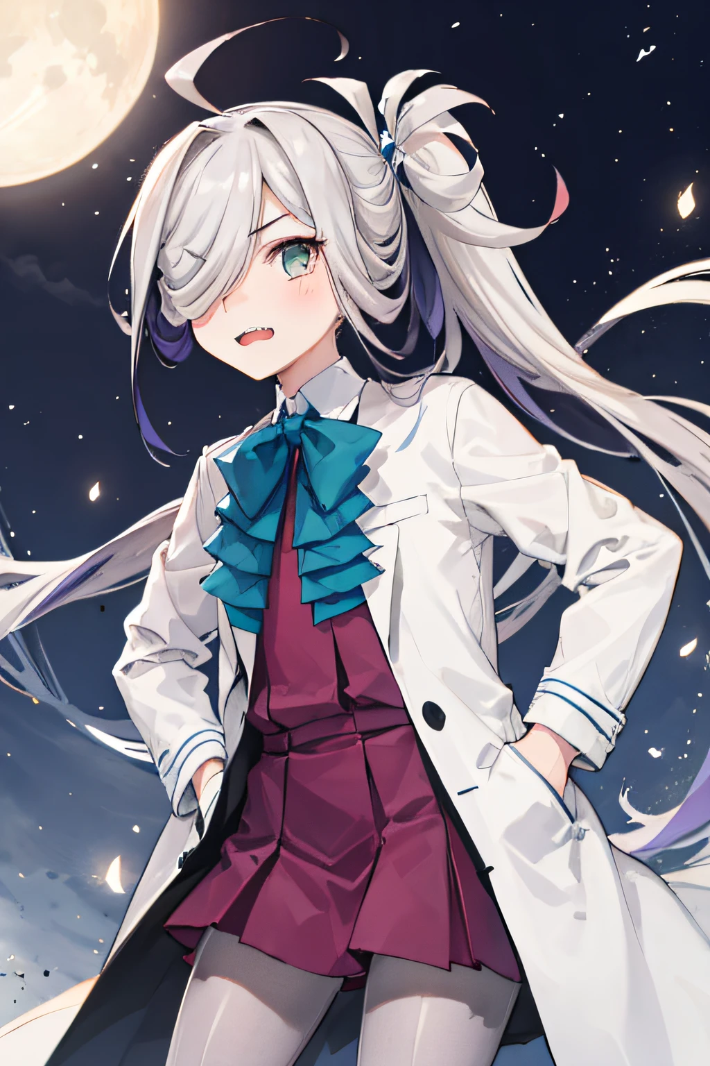 1girl in、Night city、Sateen、coat、hands in the pocket、asashimo
sharp teeth
hair over one eye
ahoge
ponytail
school uniform, halterneck, grey pantyhose