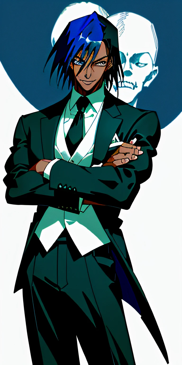 (masterpiece, amazing art), anime-style art with (dark blue hair, black skin, sleek black and white suit, edgy and confident vibe), stylish smirk smile with a hint of mocking expression.
