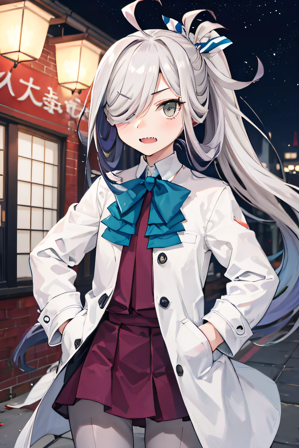 1girl in、Night city、Sateen、coat、hands in the pocket、asashimo
sharp teeth
hair over one eye
ahoge
ponytail
school uniform, halterneck, grey pantyhose