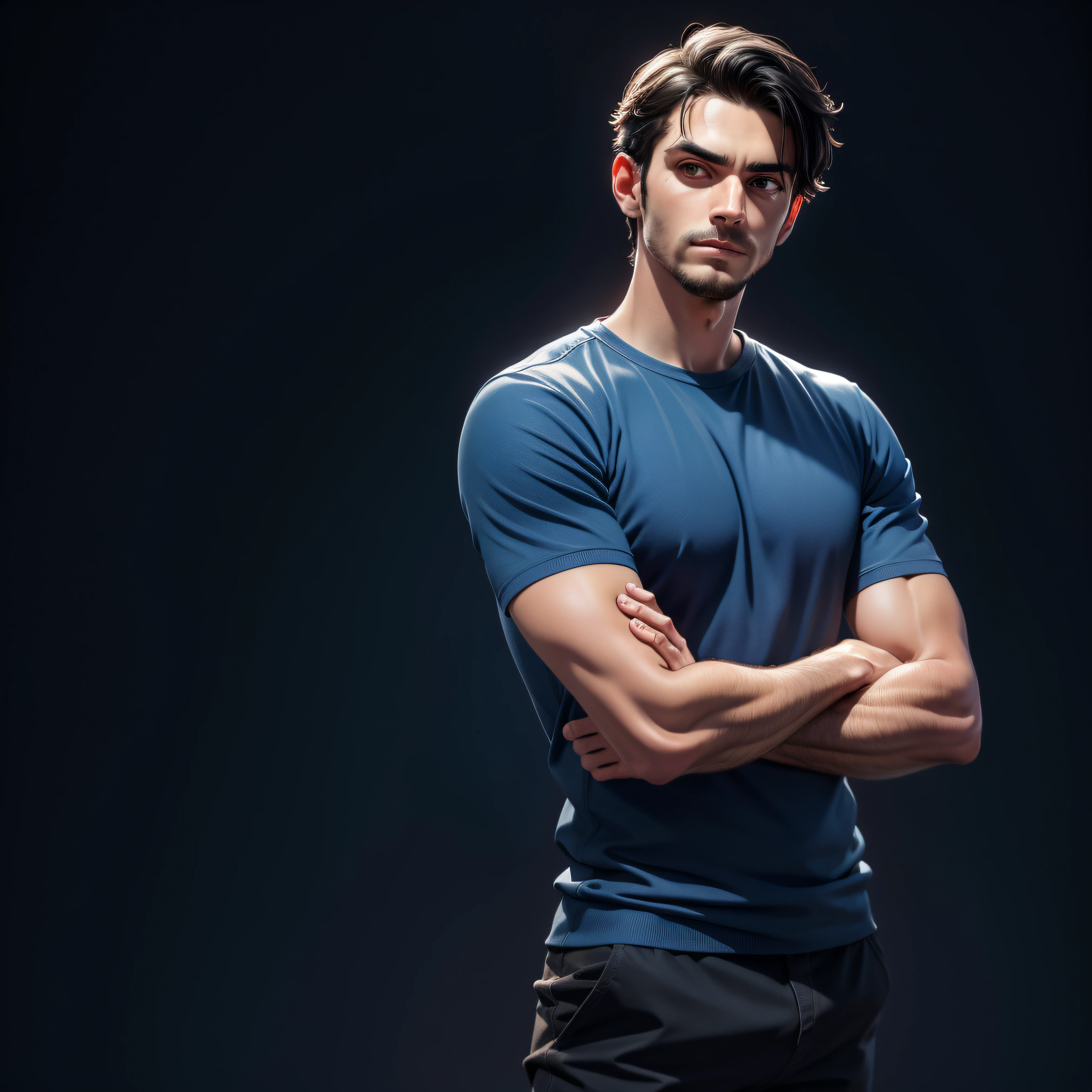 Man in blue shirt stands with his arms crossed, fundo liso, shrugging arms, no fundo preto, indistinct man with his hand up, standing with a black background, compostura alegre, em um fundo escuro, virados para os lados, olhando desta forma, man standing in defensive pose, meia imagem, looking threatening