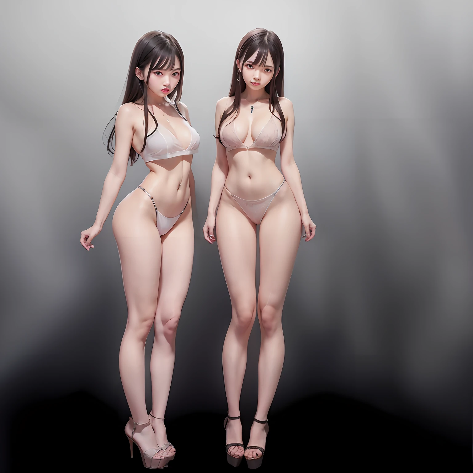 wearing transparent white slip top transparent pink miniskirt,Little girlrnament double ponytail,high-heels,Night space star background,dingdall effect,crystal,with light glowing,Live-action CG,Highest image quality,HighestQuali,Highest high resolution,Highest pixel,highest details,Gradually refined,ultraclear,telephoto lenses,kpop idol,full bodyesbian,Long legs,stocklings,full body shot shot,largeeyes,Delicate facial features,Pronounced cleavage,The proportions of the head and body are coordinated,Exaggerated buttocks,she has a pink tattoo of a heart on her lower abdomen,Heavy makeup