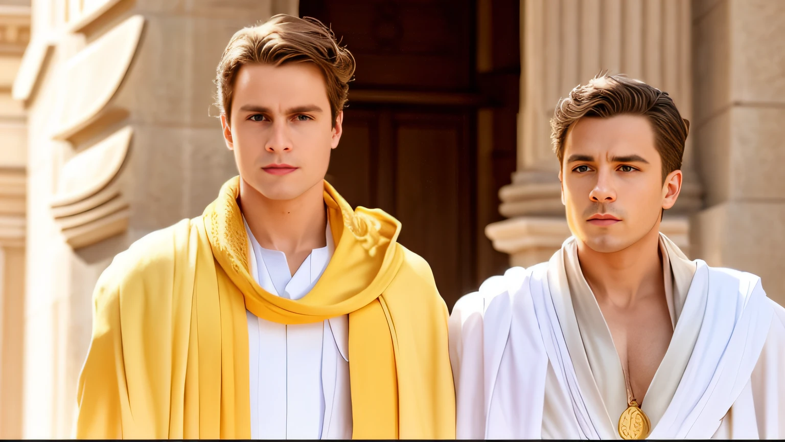 Two men in robes next to each other in front of a building, usando uma toga, usando toga, vestes branco-douradas, vestindo vestes vermelhas douradas, vestes douradas e brancas, Petros e Leonid, Toga romana., golden robes, vestes amarelas, Emma Watson como Afrodite Loira, vestindo vestes douradas, clad in robes --auto