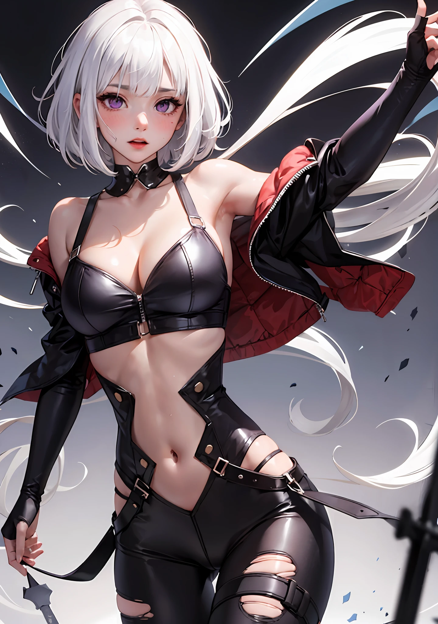 1girl, white hair, purple eyes, bob cut, wavy hair, average breasts, blush, glow, thighs, bare shoulders, collarbone, narrow waist, cleavage, (masterpiece), ripped bodysuit, ahegao