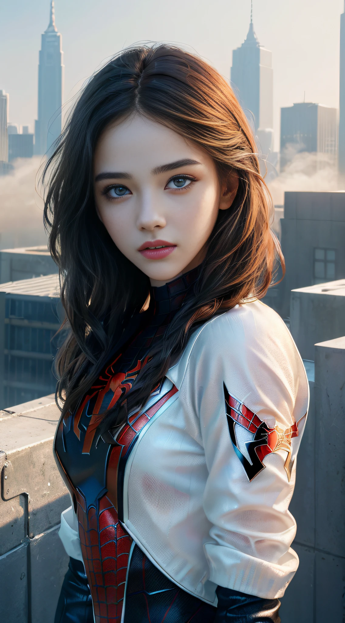(1girl:1.3), Solo, (((Very detailed face)))), ((Very detailed eyes and face)))), Beautiful detail eyes, Body parts__, Official art, Unified 8k wallpaper, Super detailed, beautiful and beautiful, beautiful, masterpiece, best quality, original, masterpiece, super fine photo, best quality, super high resolution, realistic realism, sunlight, full body portrait, amazing beauty, dynamic pose, delicate face, vibrant eyes, (from the front), She wears Spider-Man suit, red and black color scheme, spider, very detailed city roof background, rooftop, overlooking the city, detailed face, detailed complex busy background, messy, gorgeous, milky white, highly detailed skin, realistic skin details, visible pores, clear focus, volumetric fog, 8k uhd, DSLR, high quality, film grain, fair skin, photo realism, lomography, futuristic dystopian megalopolis, translucent