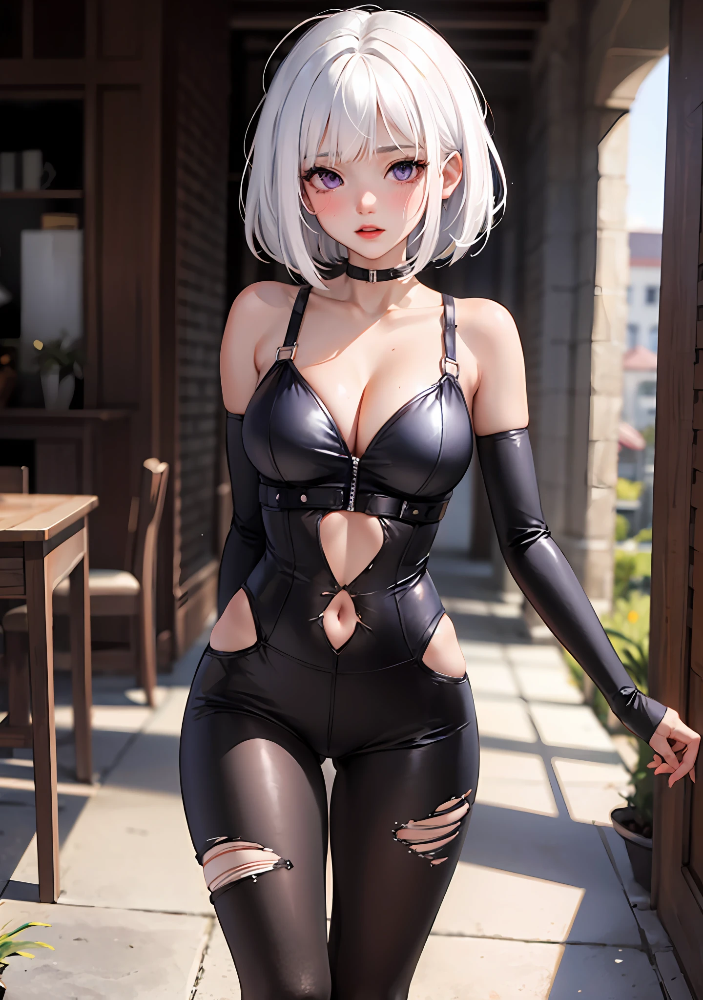 1girl, white hair, purple eyes, bob cut, wavy hair, average breasts, blush, glow, thighs, bare shoulders, collarbone, narrow waist, cleavage, (masterpiece), ripped bodysuit, ahegao