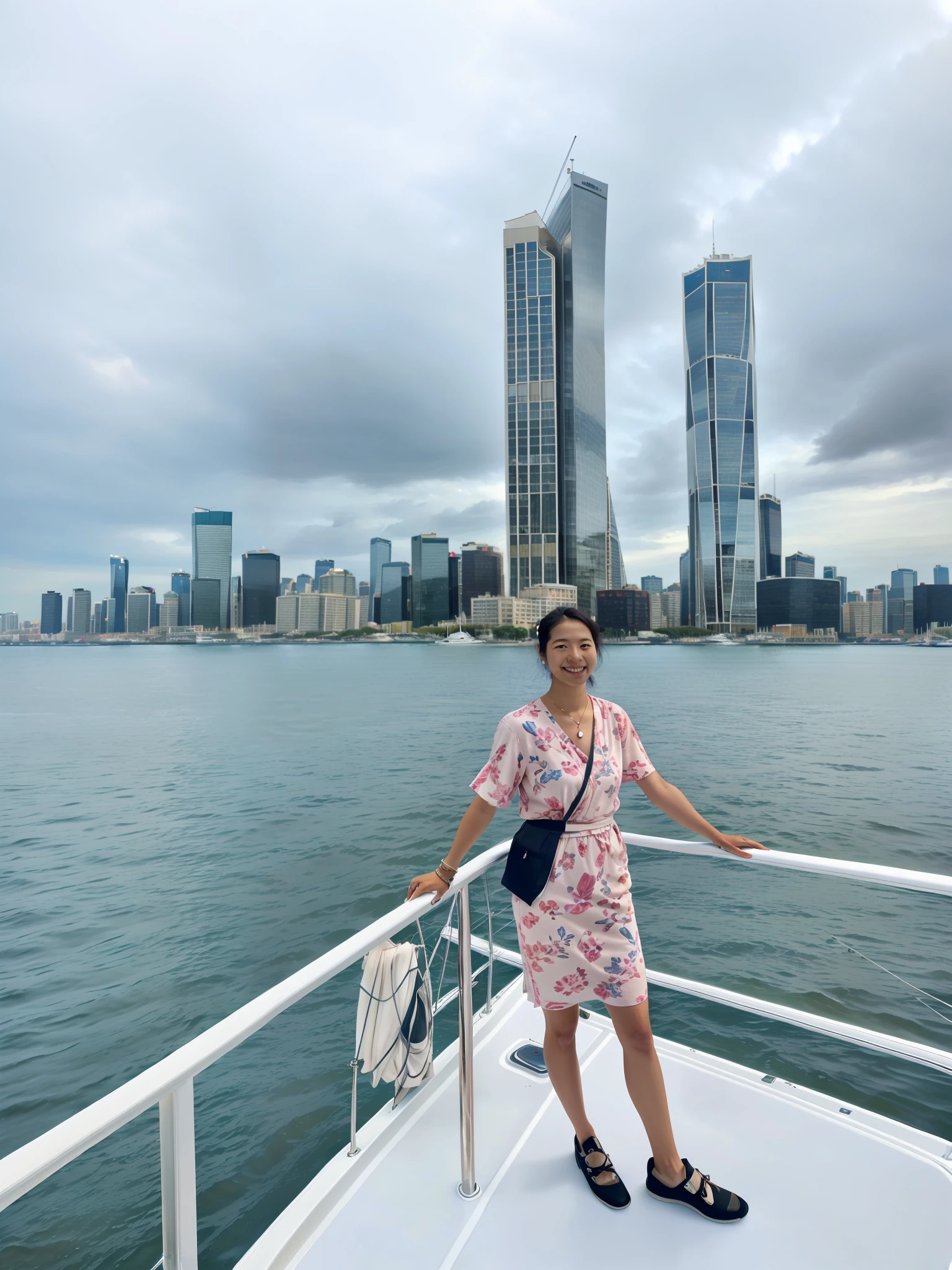 there is a woman standing on a boat in the water, with a city in the background, in style of thawan duchanee, on a boat, skyscrapers in the background, city in the background, photo taken in 2 0 2 0, 26 year old man on a sailboat, shot on nikon z9, in the middle of the city