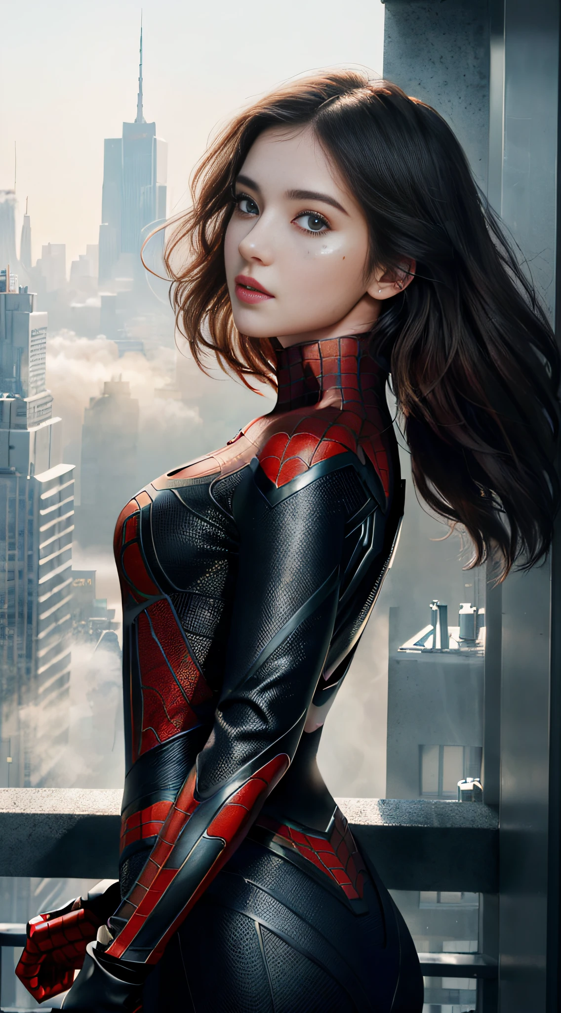 (1girl:1.3), Solo, (((Very detailed face)))), ((Very detailed eyes and face)))), Beautiful detail eyes, Body parts__, Official art, Unified 8k wallpaper, Super detailed, beautiful and beautiful, beautiful, masterpiece, best quality, original, masterpiece, super fine photo, best quality, super high resolution, realistic realism, sunlight, full body portrait, amazing beauty, dynamic pose, delicate face, vibrant eyes, (from the front), She wears Spider-Man suit, red and black color scheme, spider, very detailed city roof background, rooftop, overlooking the city, detailed face, detailed complex busy background, messy, gorgeous, milky white, highly detailed skin, realistic skin details, visible pores, clear focus, volumetric fog, 8k uhd, DSLR, high quality, film grain, fair skin, photo realism, lomography, futuristic dystopian megalopolis, translucent