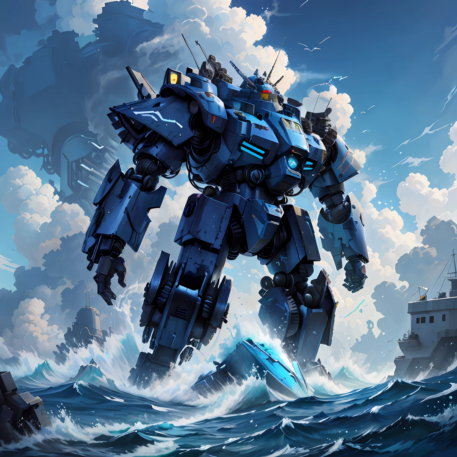 There is a large robot standing in the water, anime large mecha robot, seapunk mecha, mecha art, modern mecha anime, cool mecha style, Alexander Ferra Mecha, tremendous mecha robot, pacific-rim-mech in background, mecha anime, Mecha, broken ruin pacific rim jaeger, lottalewdsLargeMecha