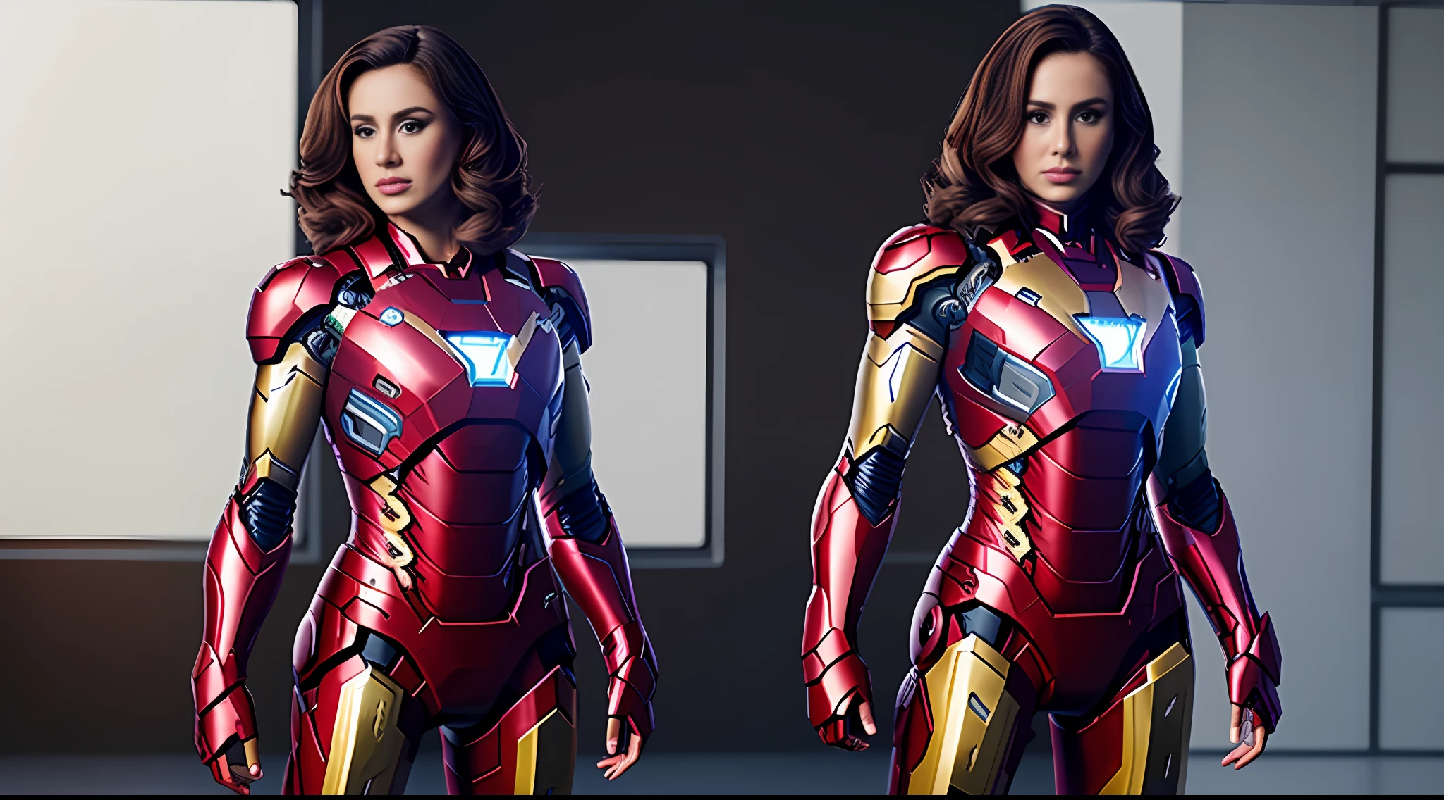 mulher com a roupa da Iron Man, cabelo loiro, Cena de filme, UHD, 8k,ray tracing,NVIDIA RTX,Super-Resolution,irreal