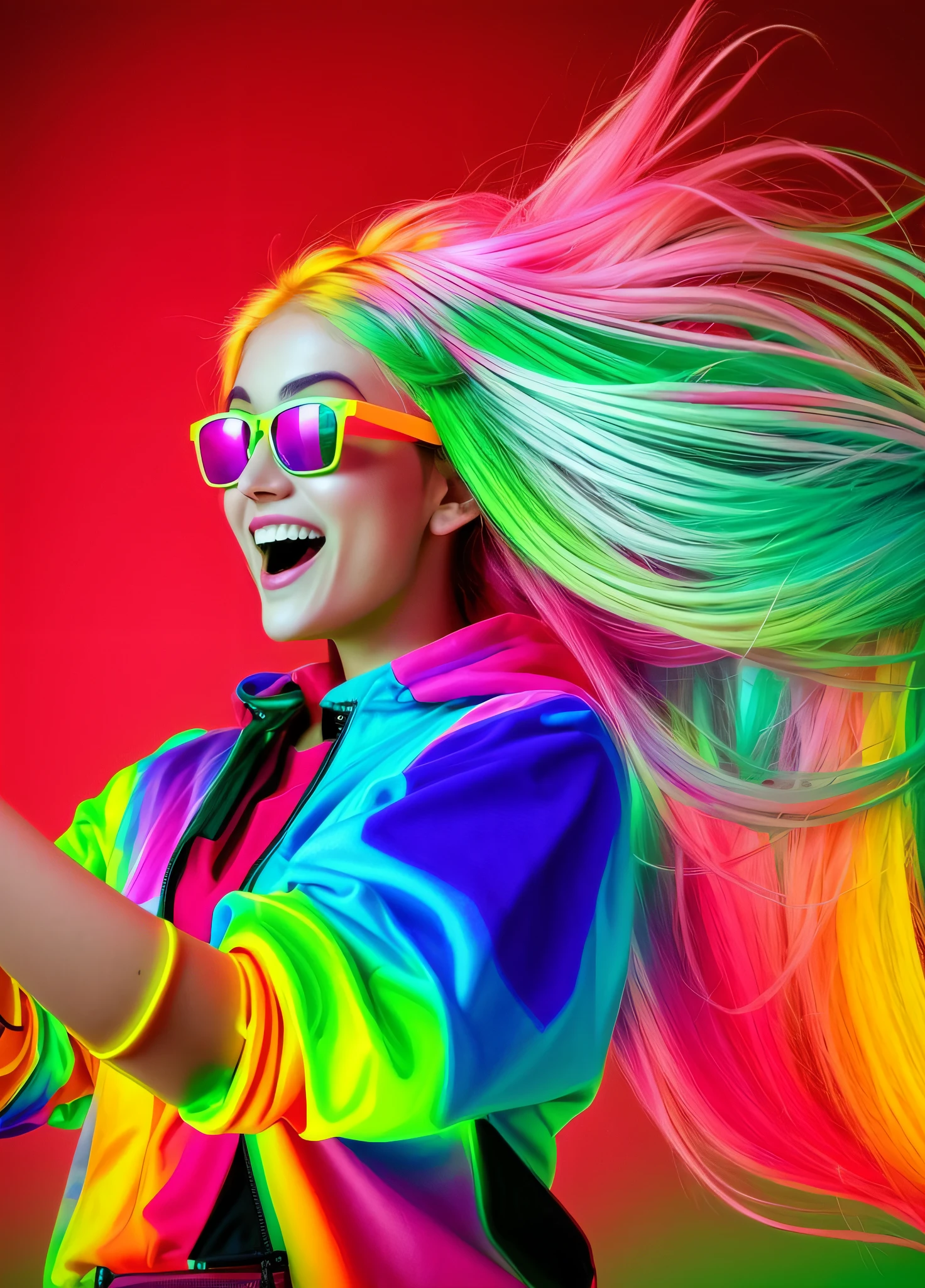 Woman with long hair in green shirt and sunglasses taking a picture, vivid and vibrant, vibrant and vivid, cores ultravioleta e neon, Vibrant and dynamic, foto de retrato, foto colorida, longos cabelos coloridos brilhantes, Cores vibrantes e vivas, cores neon vibrantes, fluo cores, vibrante e poderoso, cores neon vivas, cabelo neon, digital sunglasses, cor neon, neon vibes