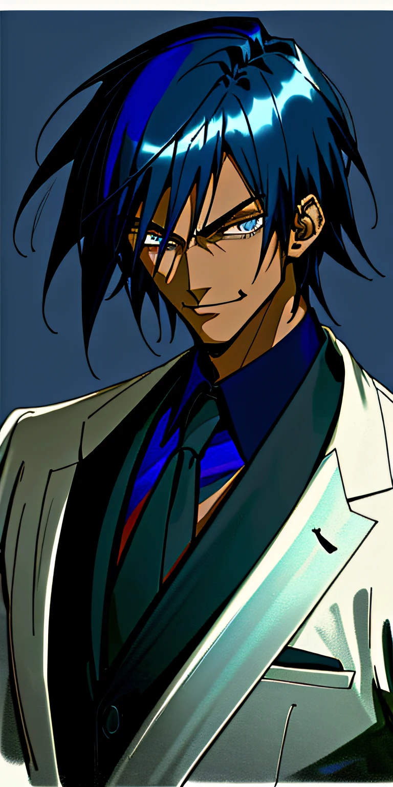 (masterpiece, amazing art), anime-style art with (dark blue hair, black skin, sleek black and white suit, edgy and confident vibe), stylish smirk smile with a hint of mocking expression, portrait, detailed face, good quality