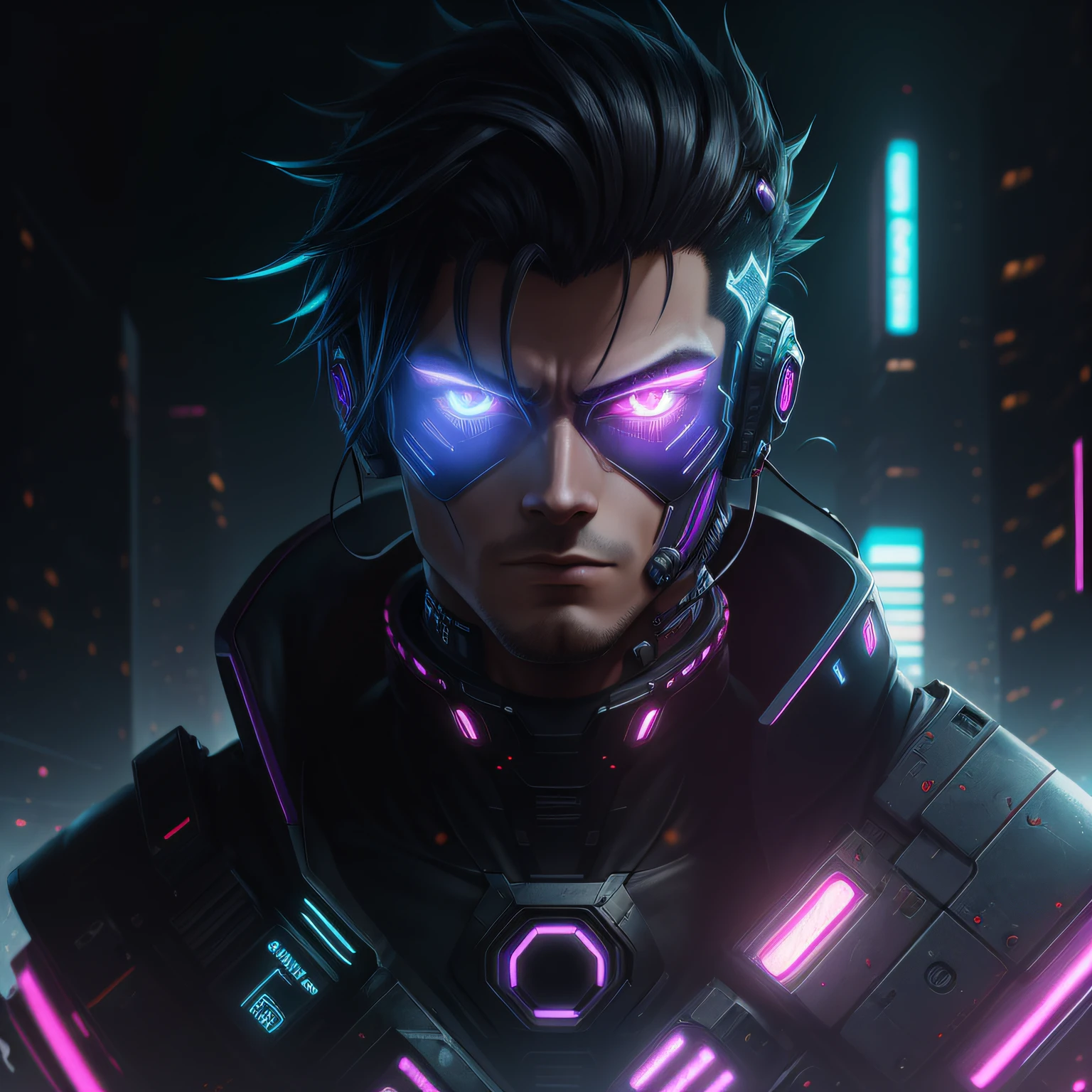 Um close do rosto de um homem japones masculino ,de capuz iluminado pela luz de uma cidade cyber punk, com uma cidade futurista ao fundo, several buildings and a screen purple and blue lights(um macho negro:1.8 | rough face | cicatrizes | fantasia cyber punk de capuz cabelo curto / cyber punk)Cyberpunk anthropomorphic targarium in shiny clothes, hiper-realista e hiper-detalhado, nos raios da noite, Impressive composition, hiper-emocional, epic cinematic lighting, 8K分辨率, filmado em Hasselblad H6D-400c Multi-shot, Mitakon Speedmaster 65mm f/1. 4 XCD , (o retrato mais bonito do mundo:1.5) --auto