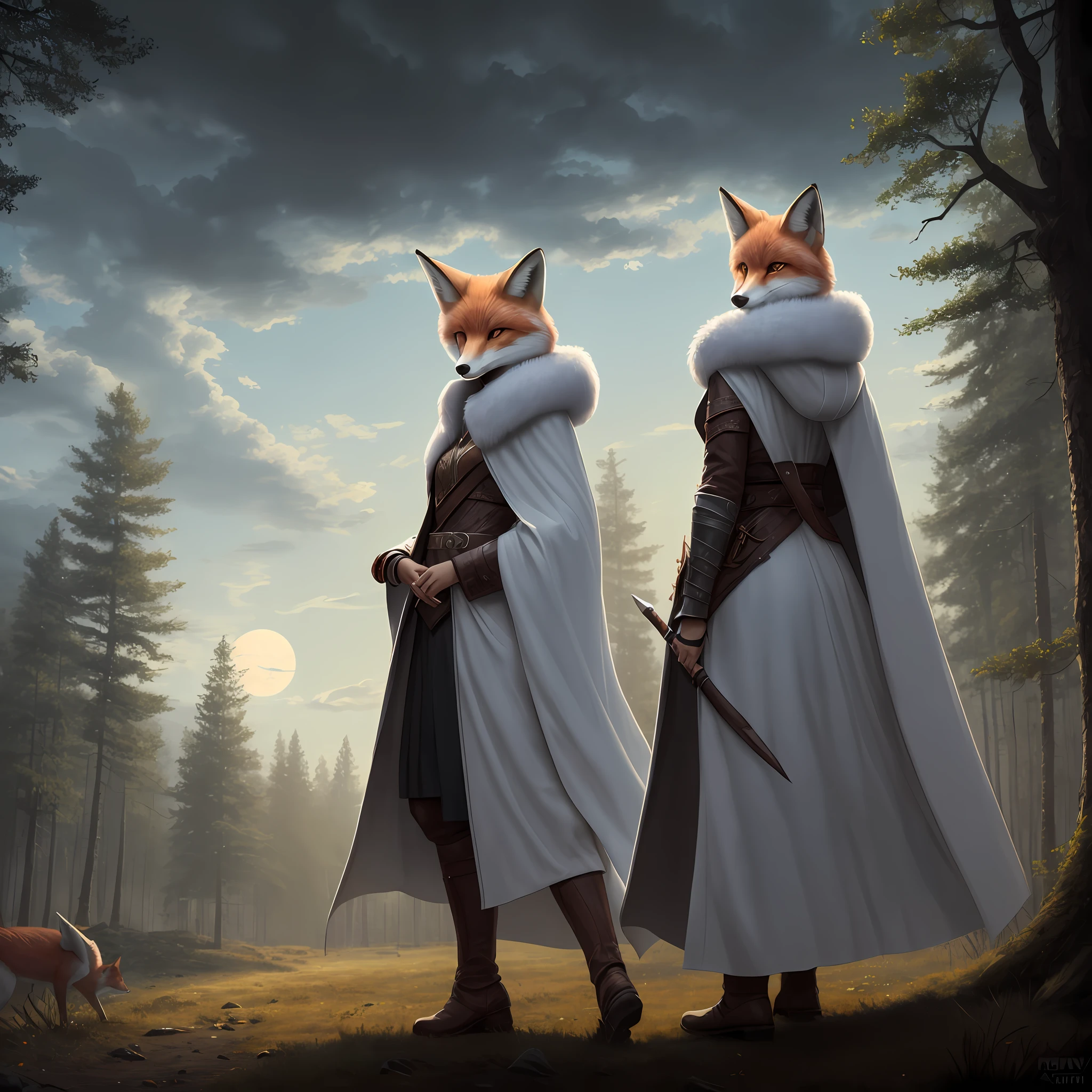 ((Masterpiece)), Trending on ArtStation, 4k, woman's, white fur, Anthro-Fox, warrior, White long cloak, Fur hood, frontal view, in full height. in front of a forest background, the night, Black clouds, luna --auto