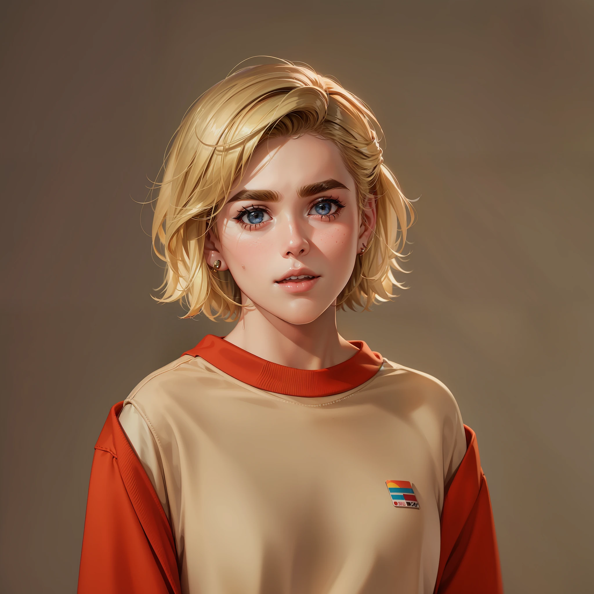 girl ("Kiernan Shipka") wearing red sweatshirt and jean shorts, short pixie-style blonde hair, thick eyebrows, flushed cheeks, full body, sharpen focus, UHD, high details, best quality, highres, 8k