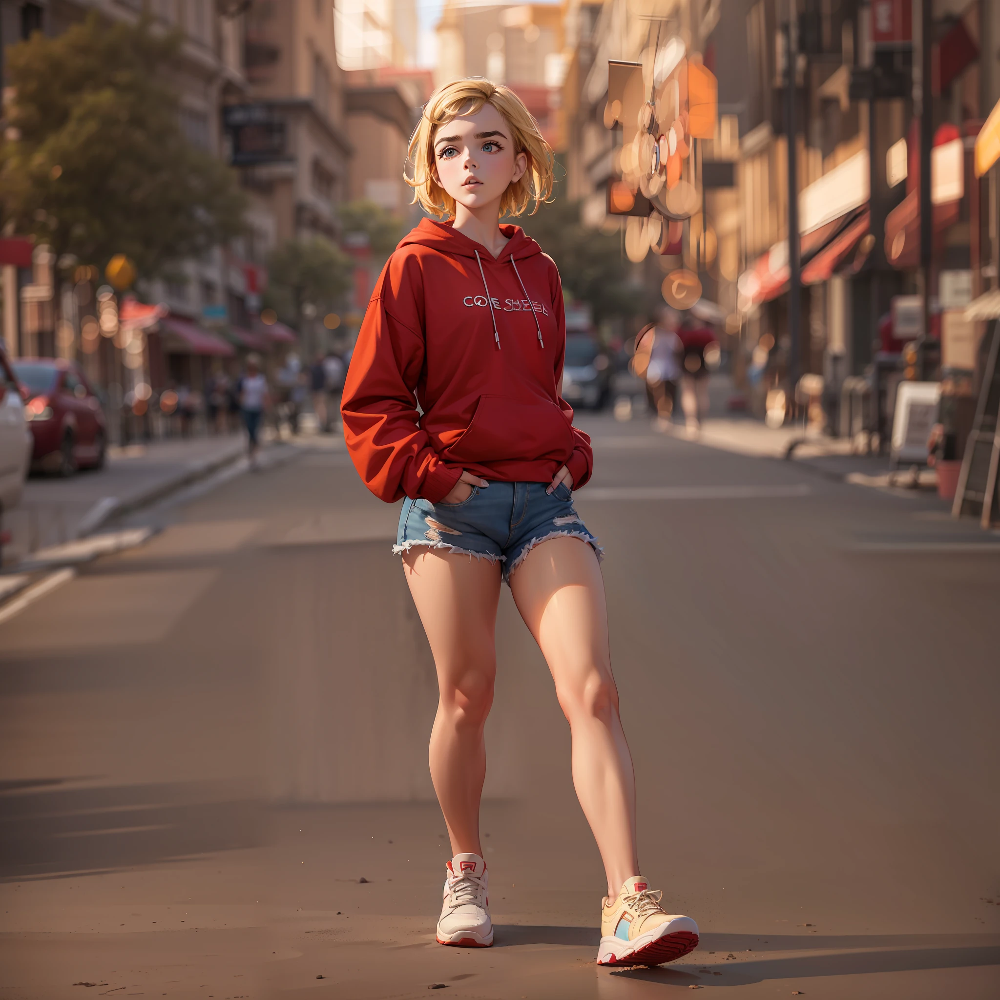 girl ("Kiernan Shipka") wearing red sweatshirt and jean shorts, short pixie-style blonde hair, thick eyebrows, flushed cheeks, full body, sharpen focus, UHD, high details, best quality, highres, 8k