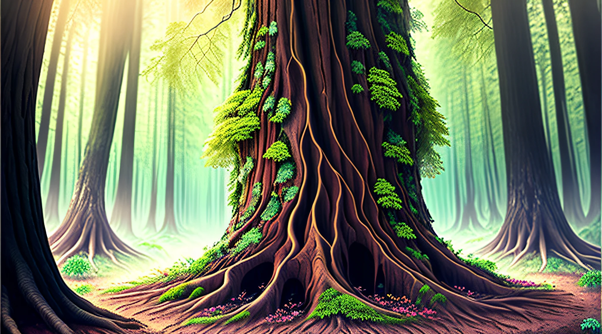 An ancient tree trunk in the forest begins to regenerate when cracks appear. The roots sprout and receive the rain that revitalizes the tree. Flores coloridas surgem nos galhos secos, which grow rapidly to form a tall, majestic tree.