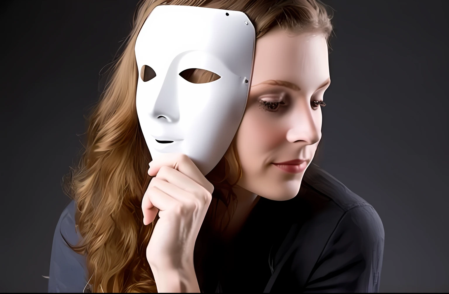 Woman holding a white mask with her face, theater mask, Broken mask, parcialmente mascarado, wearing a mask, white mask, Woman, the mask covers her entire face, wearing a mask, drama masks, WMASK, rosto mascarado, some of them use gask mask, the mask is broken, pessoa mascarada no canto, masks, Ad image --auto