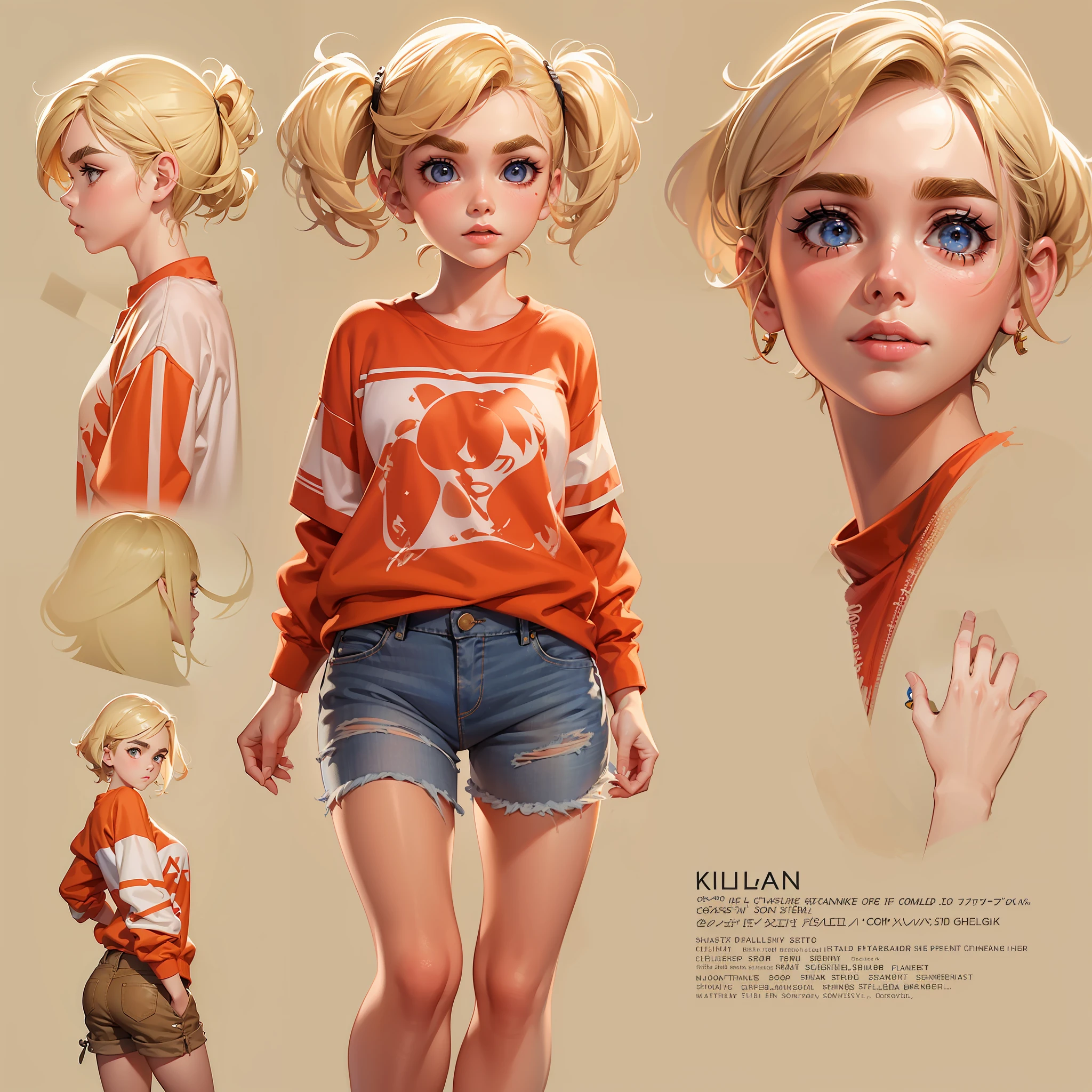 girl ("Kiernan Shipka") wearing red sweatshirt and jean shorts, short pixie-style blonde hair, thick eyebrows, flushed cheeks, full body, model sheet, concept art, sharpen focus, UHD, high details, best quality, highres, 8k