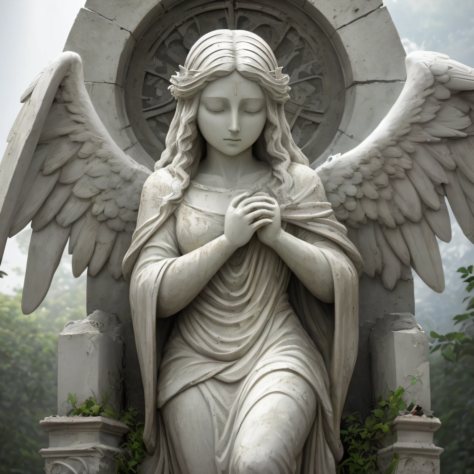 [angel statue on a postament:angel:0.2], praying woman stone statue, [hands closed in prayer], [(angelic wings), robe::0.2], [[overgrowth vegetation]:((overgrowth vegetation)):0.2], serene beautiful face, [overcast sky, god rays:(god rays):0.4], [deserted graveyard ruins, forsaken monastery, forged fence:broken gravestones, (crumbling ruins), (desolation):4], raw photo, Fujifilm XT3, Canon EOS R5, sharp focus, depth of field, [pale colors:ultra detailed, high contrast:0.4]