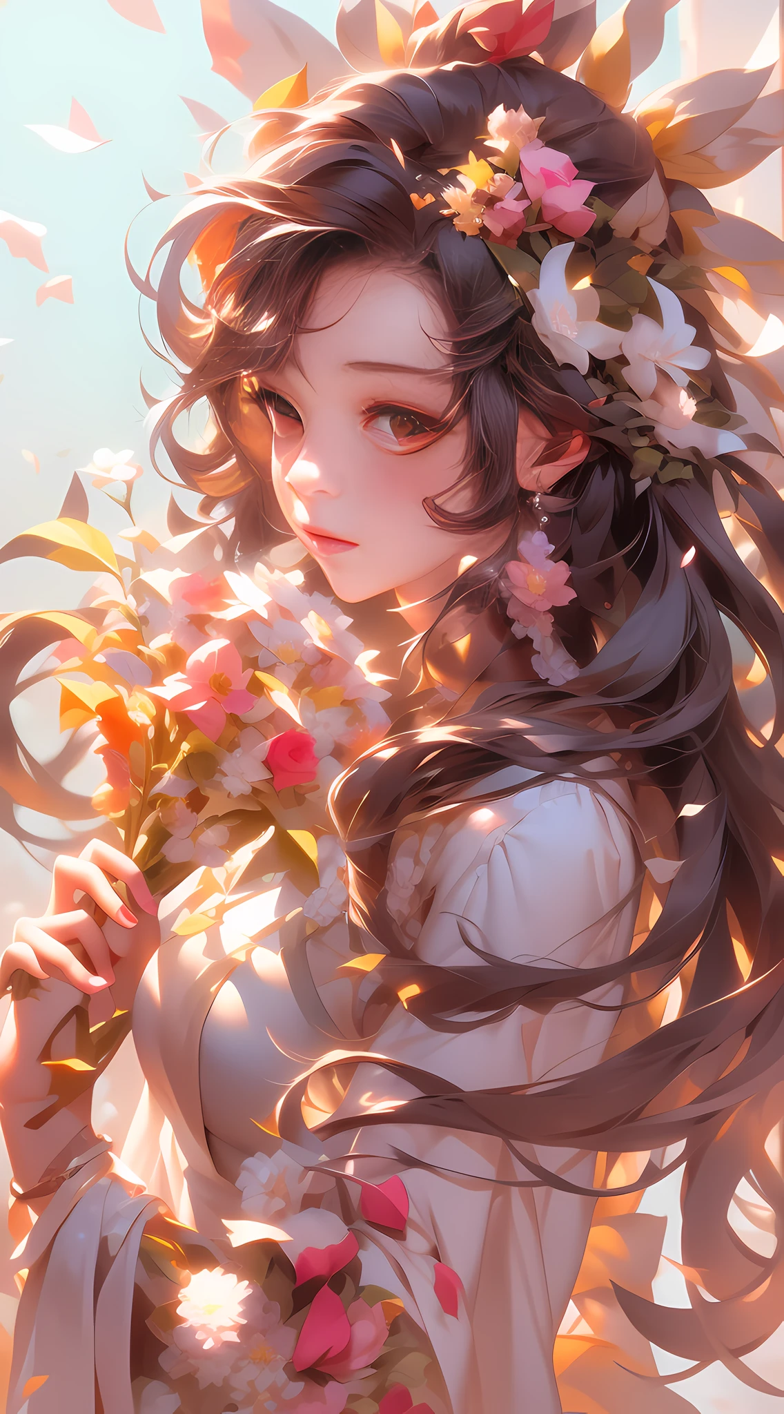 anime girl with flowers in her hand and a bird on her shoulder, guweiz, guweiz on pixiv artstation, guweiz on artstation pixiv, artwork in the style of guweiz, detailed digital anime art, trending on cgstation, beautiful anime portrait, by Yang J, beautiful anime girl, guweiz masterpiece,masterpiece, best quality, (extremely detailed CG unity 8k wallpaper), (best quality), (best illustration), (best shadow)