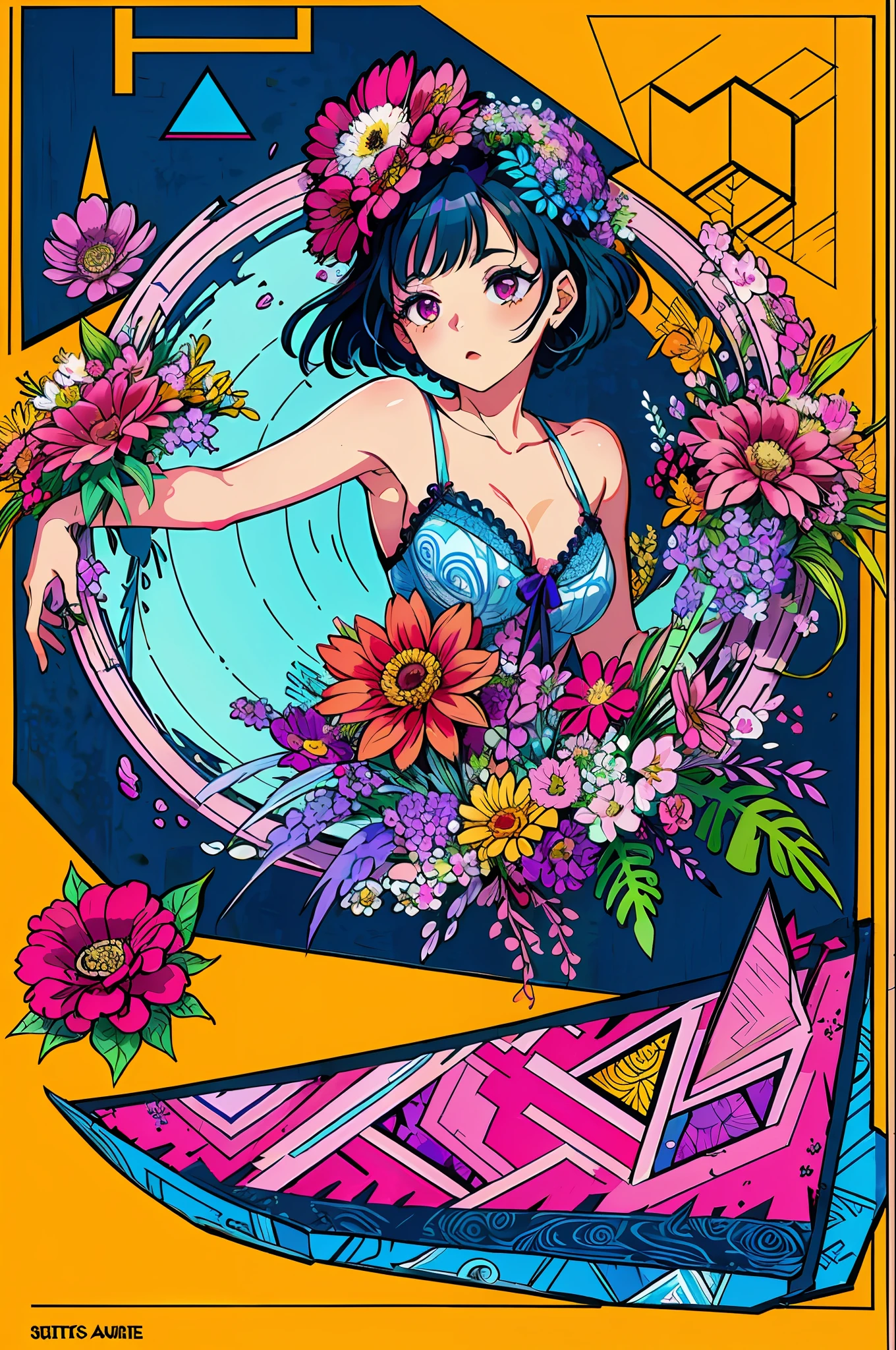 (ultra-detailed background, detailed background), absurdres, highres, ultra detailed, extremly detailed, 1girl, (bunch of flowers:1.3), (zentangle:1.2), (geometric:1.2),(colorful),