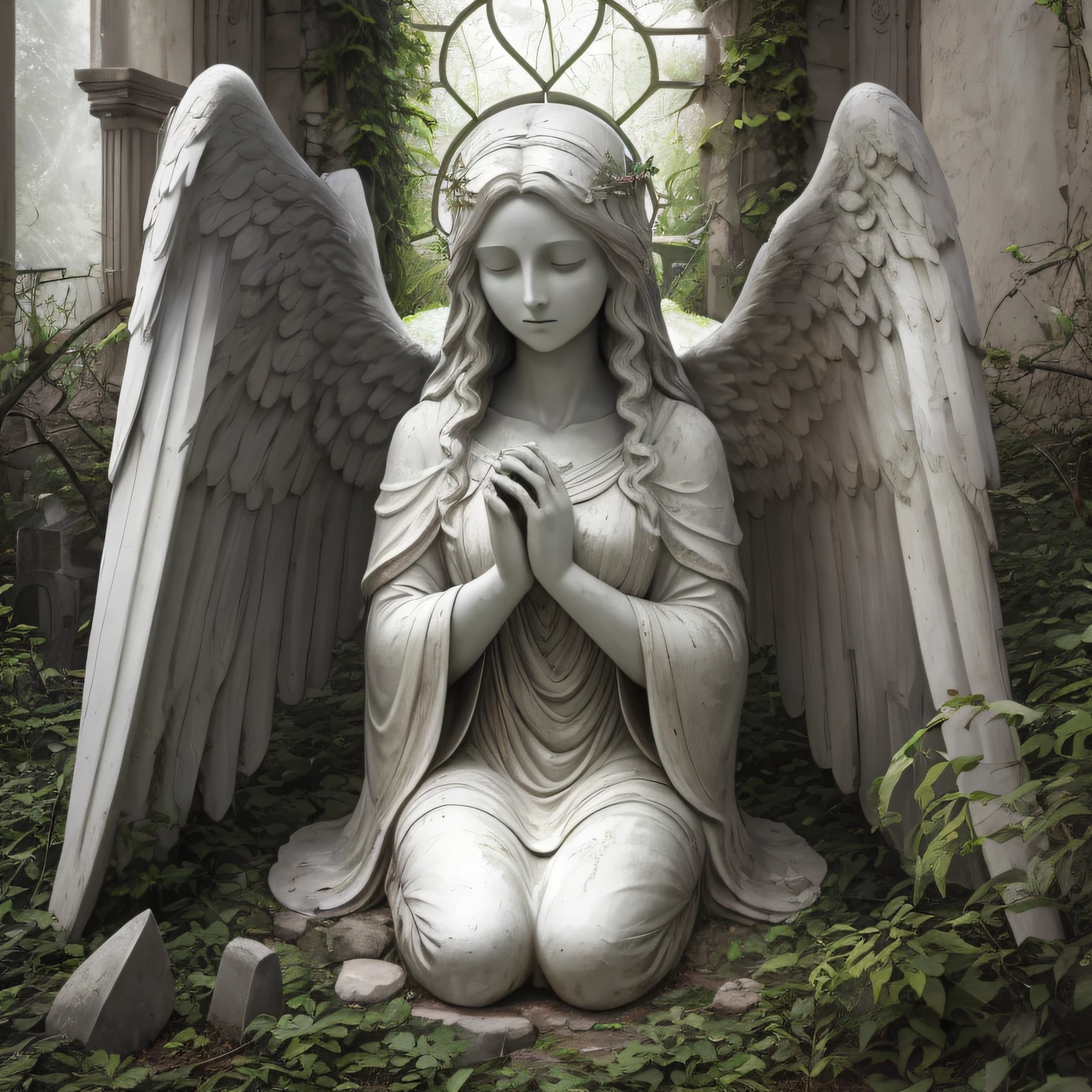 [angel statue on a postament:angel:0.2], praying woman stone statue, [hands closed in prayer], [(angelic wings), robe::0.2], [[overgrowth vegetation]:((overgrowth vegetation)):0.2], serene beautiful face, [overcast sky, god rays:(god rays):0.4], [deserted graveyard ruins, forsaken monastery, forged fence:broken gravestones, (crumbling ruins), (desolation):4], raw photo, Fujifilm XT3, Canon EOS R5, sharp focus, depth of field, [pale colors:ultra detailed, high contrast:0.4]