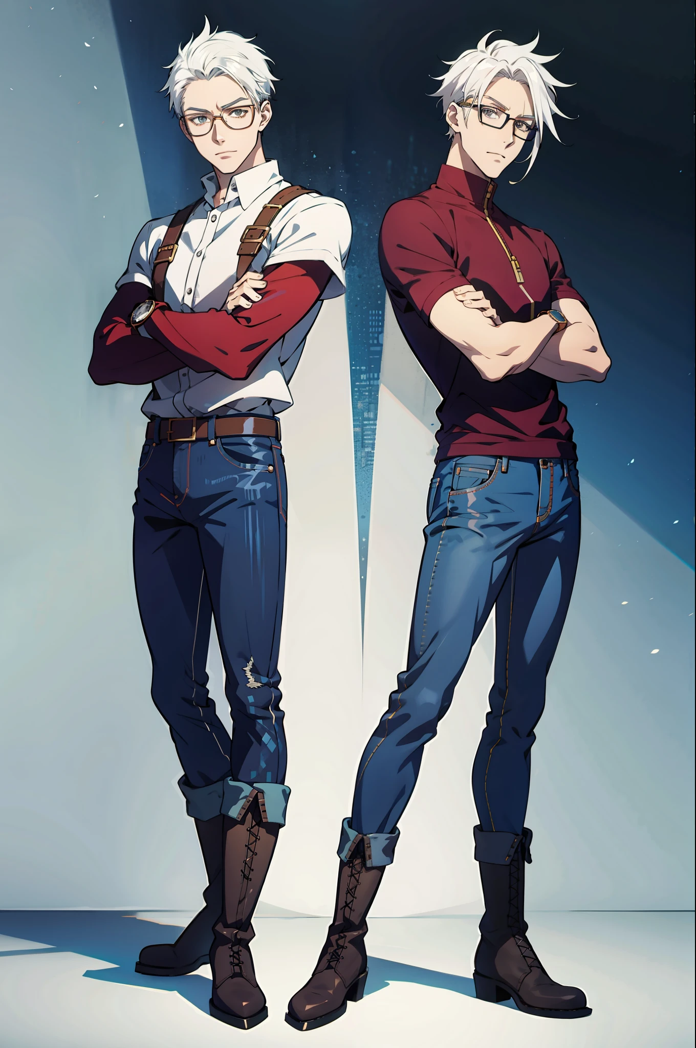 White-haired anime male character wearing glasses wearing boots, jeans, and boots
